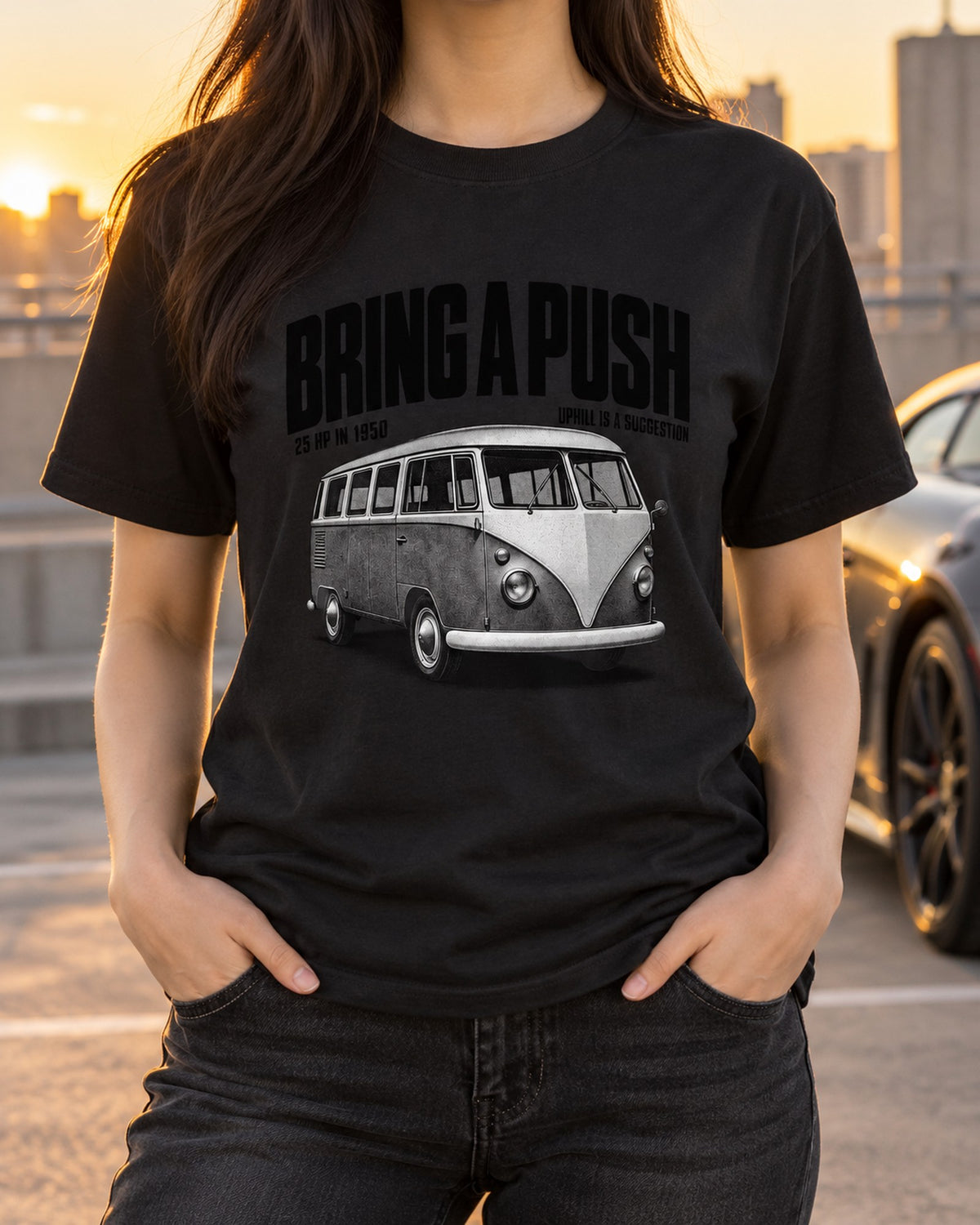 VW T1 Split-Window Microbus Bring A Push Halftone Tee, 25 HP T-Shirt Black worn hero