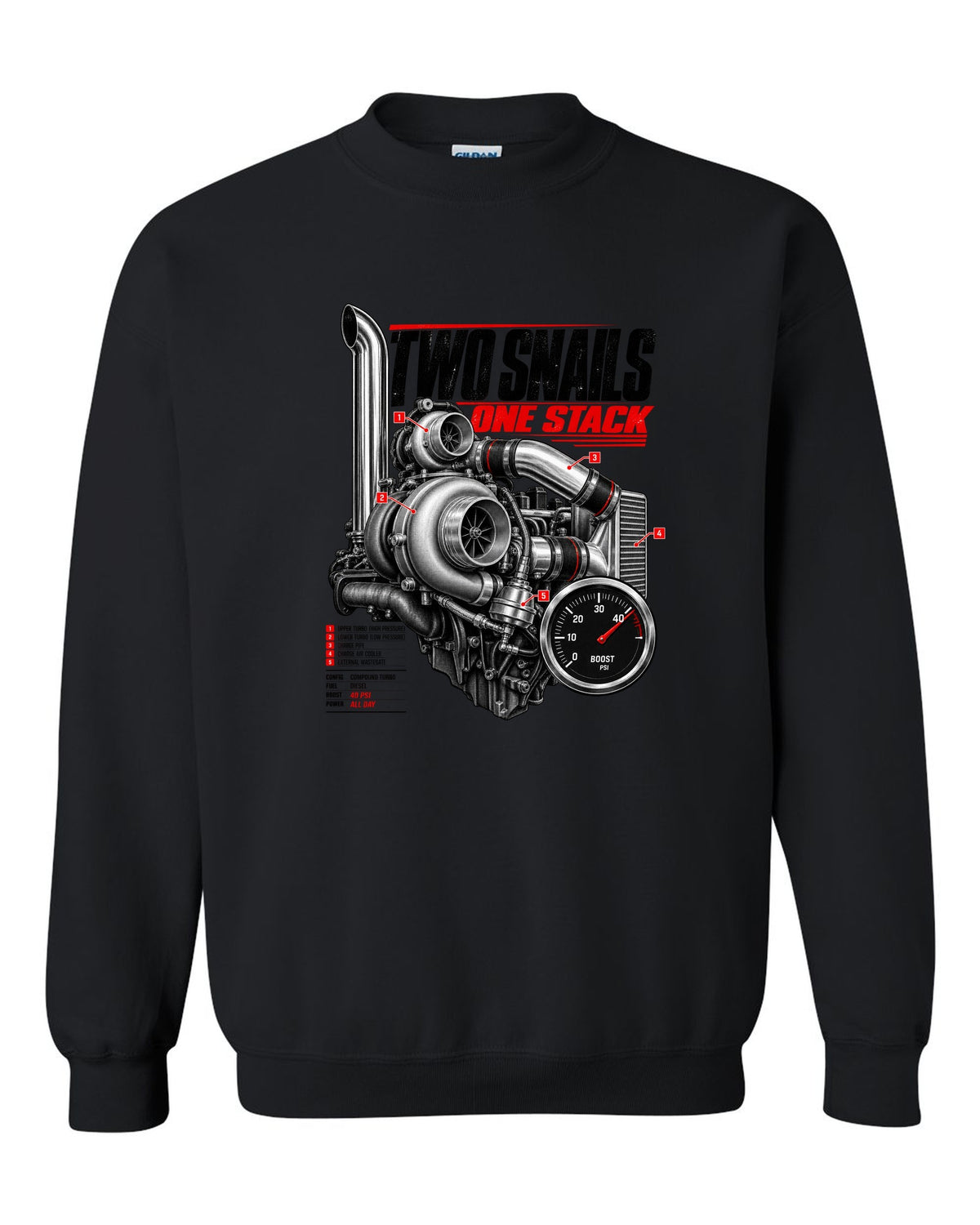 Engine hero print of a compound turbo diesel pickup boost gauge reading 40 psi black crewneck front view with the design