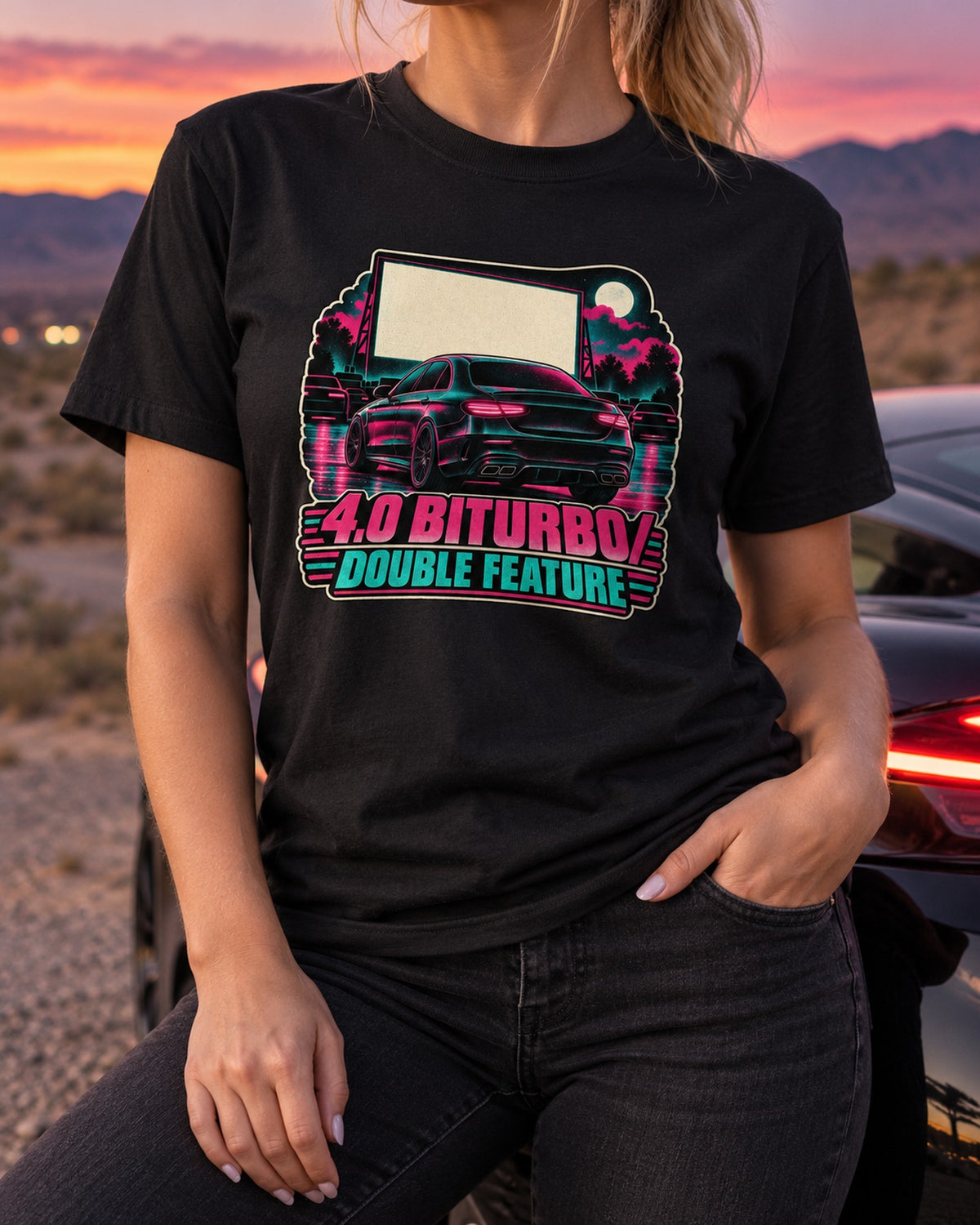 Mercedes E63 W213 4.0 Biturbo Drive-In Double Feature Tee T-Shirt Black worn hero