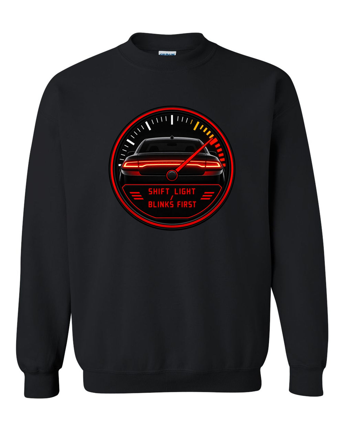 Hyundai Elantra N CN7 gauge-cluster HUD print with shift light blinks first text black crewneck front view with the design