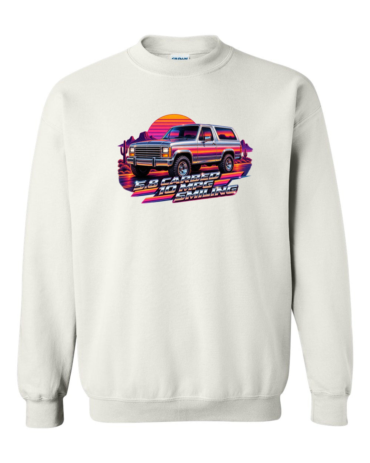80s airbrush chrome art of a 1980-86 Ford Bronco Bullnose at sunset with 5.8 CARBED 10 MPG lettering white crewneck front view with the design