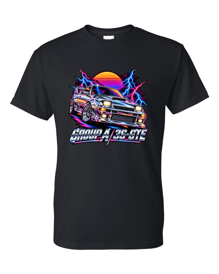 80s airbrush chrome illustration of a Toyota Celica GT-Four ST185 with Group A 3S-GTE lettering black t-shirt front view with the design