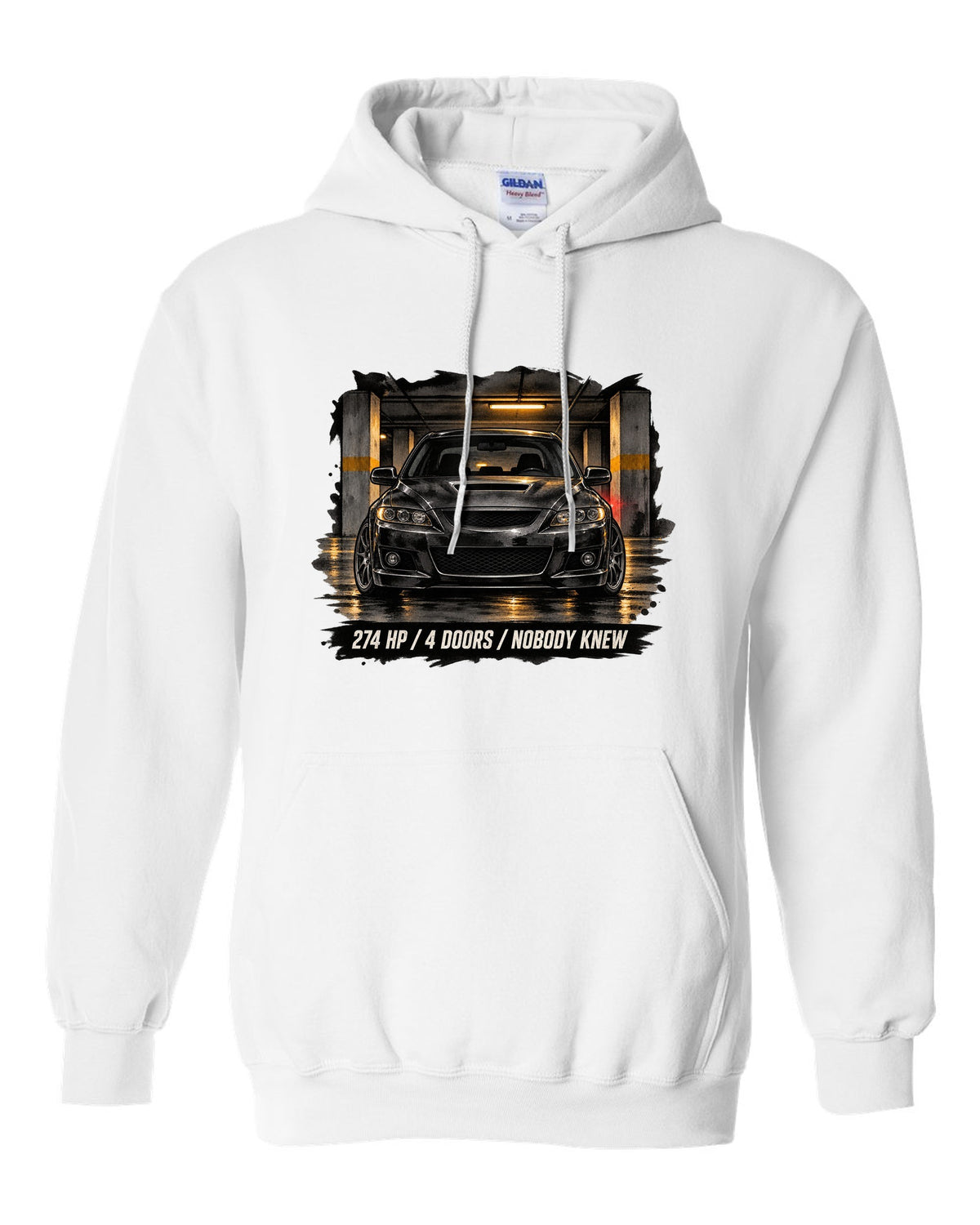 Noir ink wash illustration of a Mazdaspeed6 GG in a garage with 274 HP / 4 DOORS lettering white pull over hoodie front view with the design