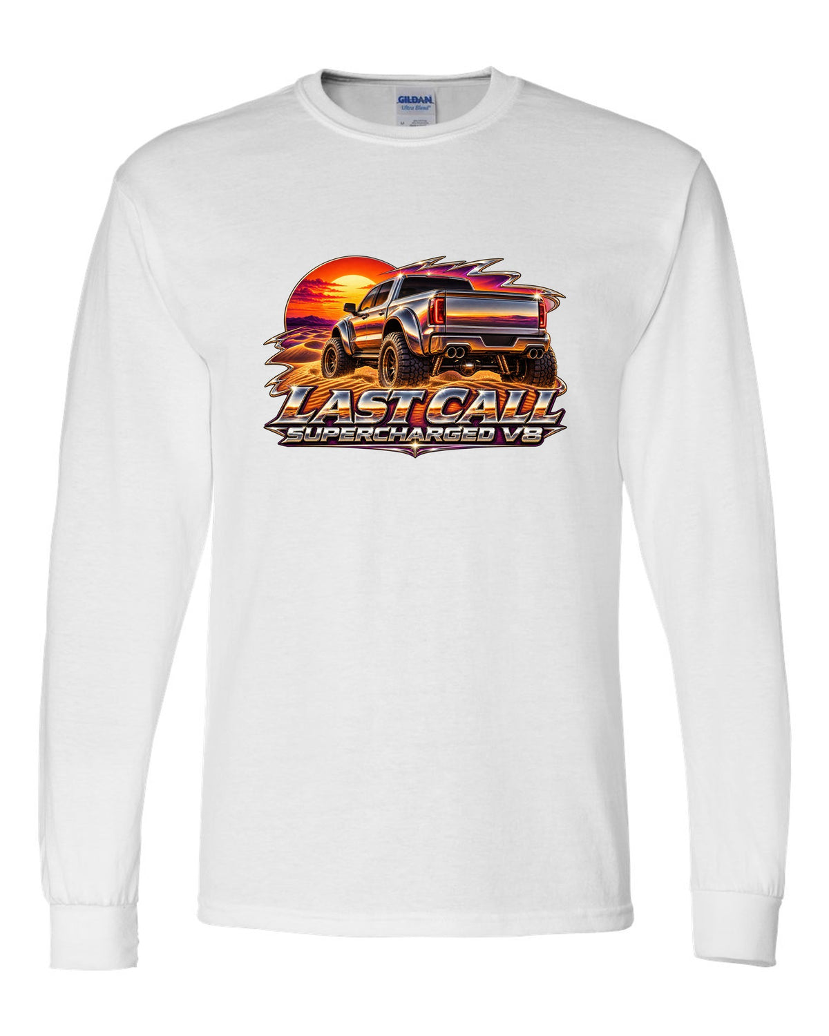 80s chrome airbrush print of a 2024 Ram 1500 TRX Final Edition on a dune with last call supercharged V8 text white long sleeve front view with the design