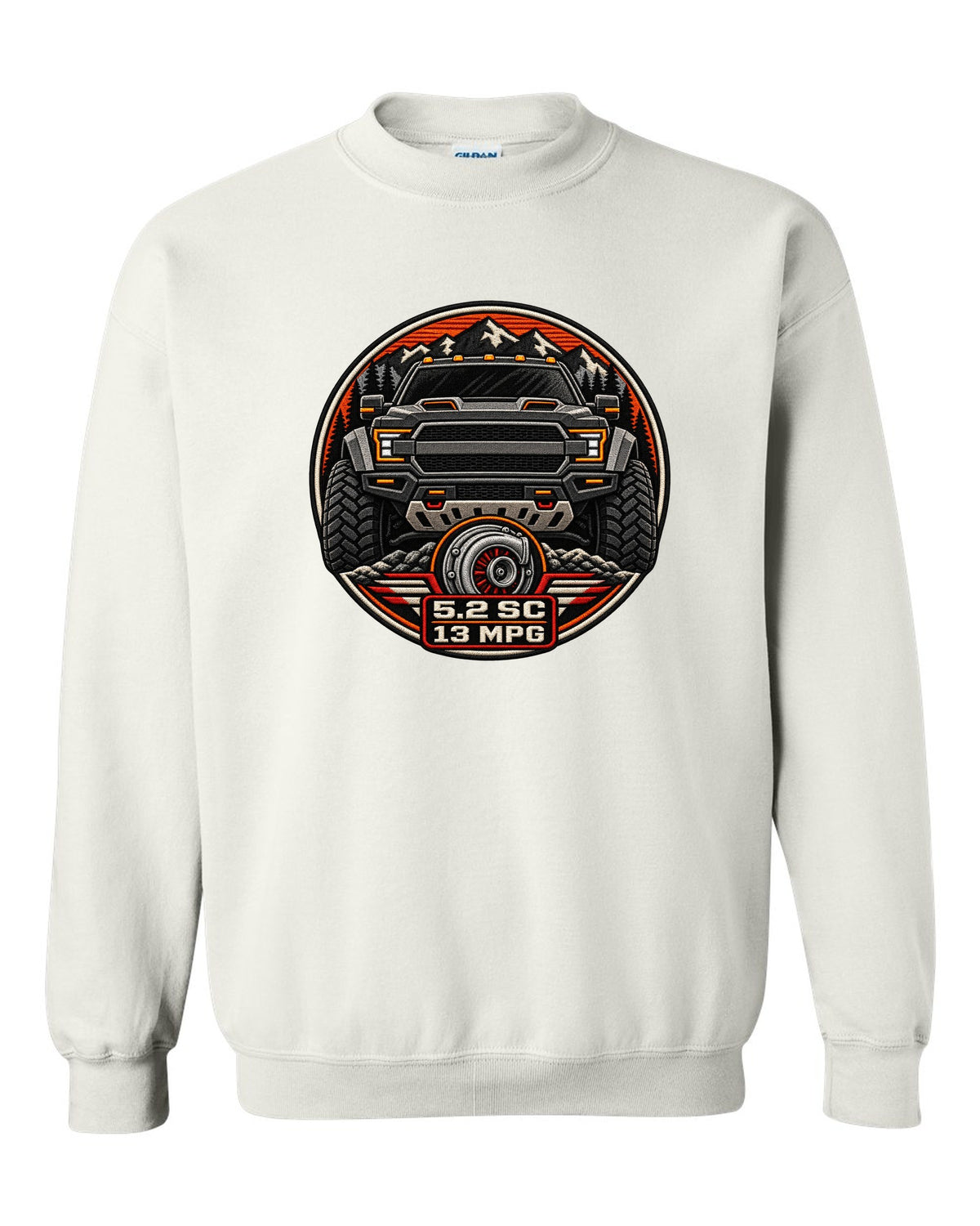 Varsity badge crest print of the Ford F-150 Raptor R P702 with 5.2 SC and 13 MPG text white crewneck front view with the design