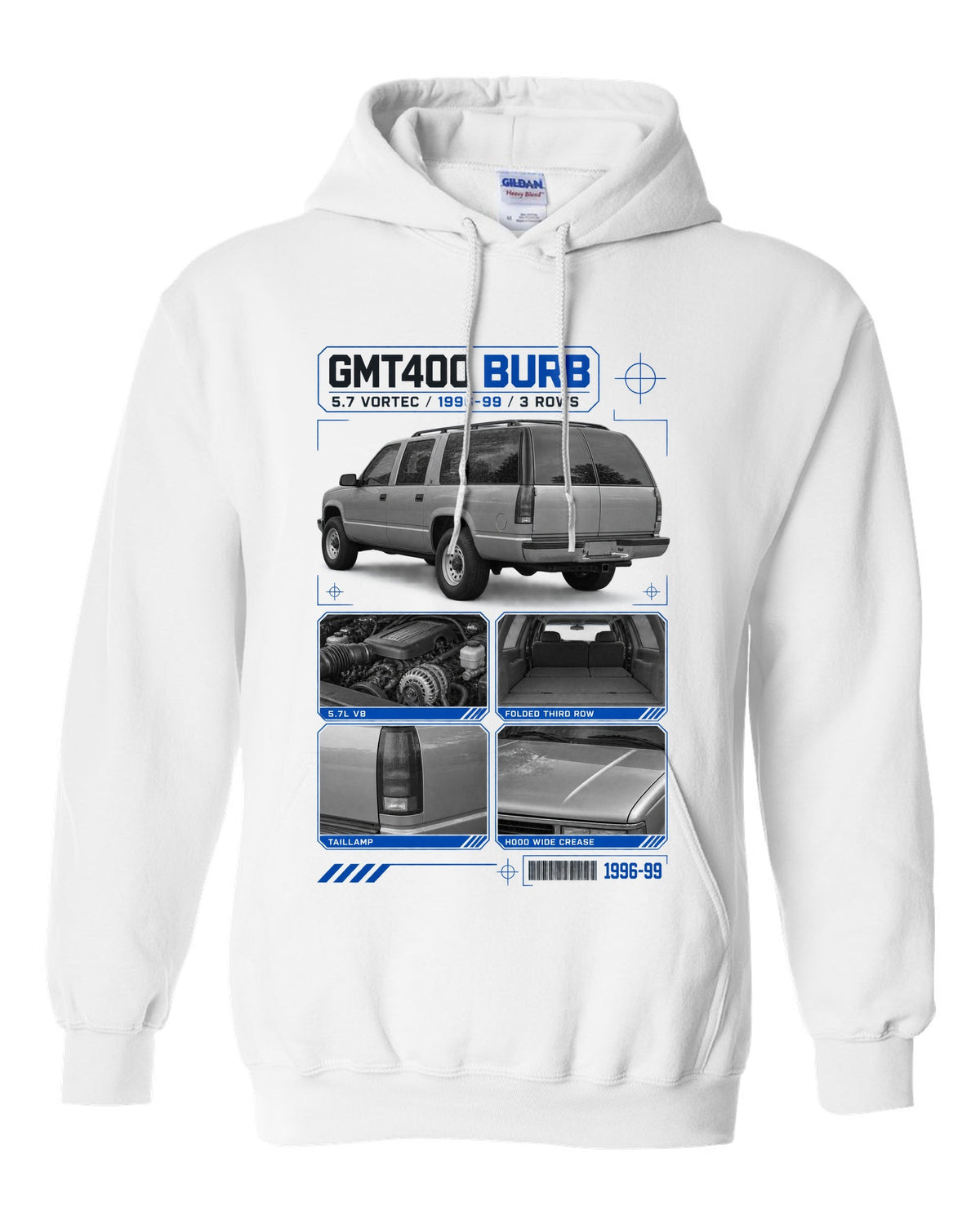 Dossier print of a 1992-99 Chevrolet GMT400 Suburban in a rear three-quarter view white pull over hoodie front view with the design