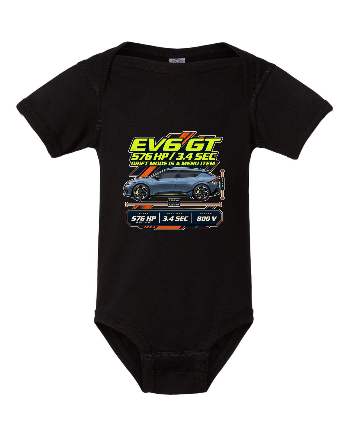 Kia EV6 GT spec poster print on a shirt black baby onesie front view with the design
