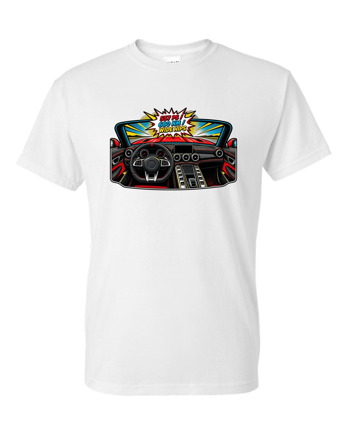 Isometric topographic route map of the Nordschleife with Flugplatz and Schwedenkreuz text for a Mercedes AMG GT C190 white t-shirt front view with the design