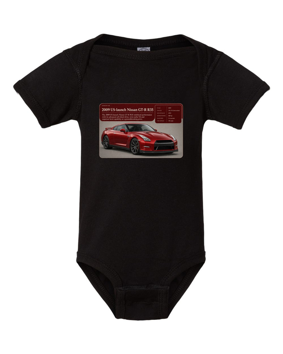 Archive panel print of a deep red 2009 US launch Nissan GT-R R35 black baby onesie front view with the design