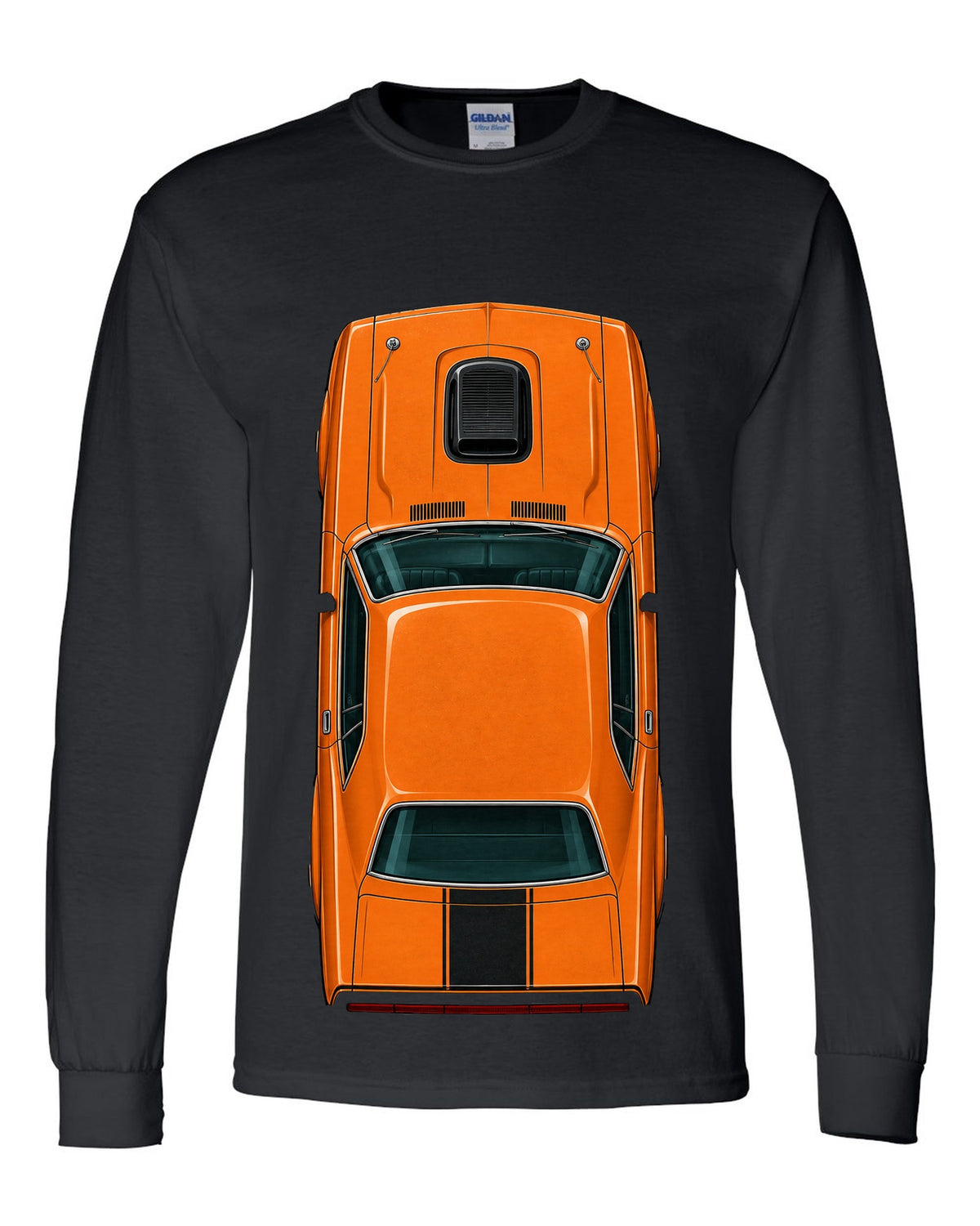 Overhead spec-sheet data plate illustration of a 1970 Dodge Challenger R/T in Go Mango black long sleeve front view with the design
