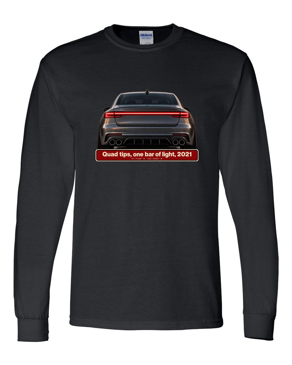 Acura TLX Type S taillight and quad exhaust tips macro print black long sleeve front view with the design