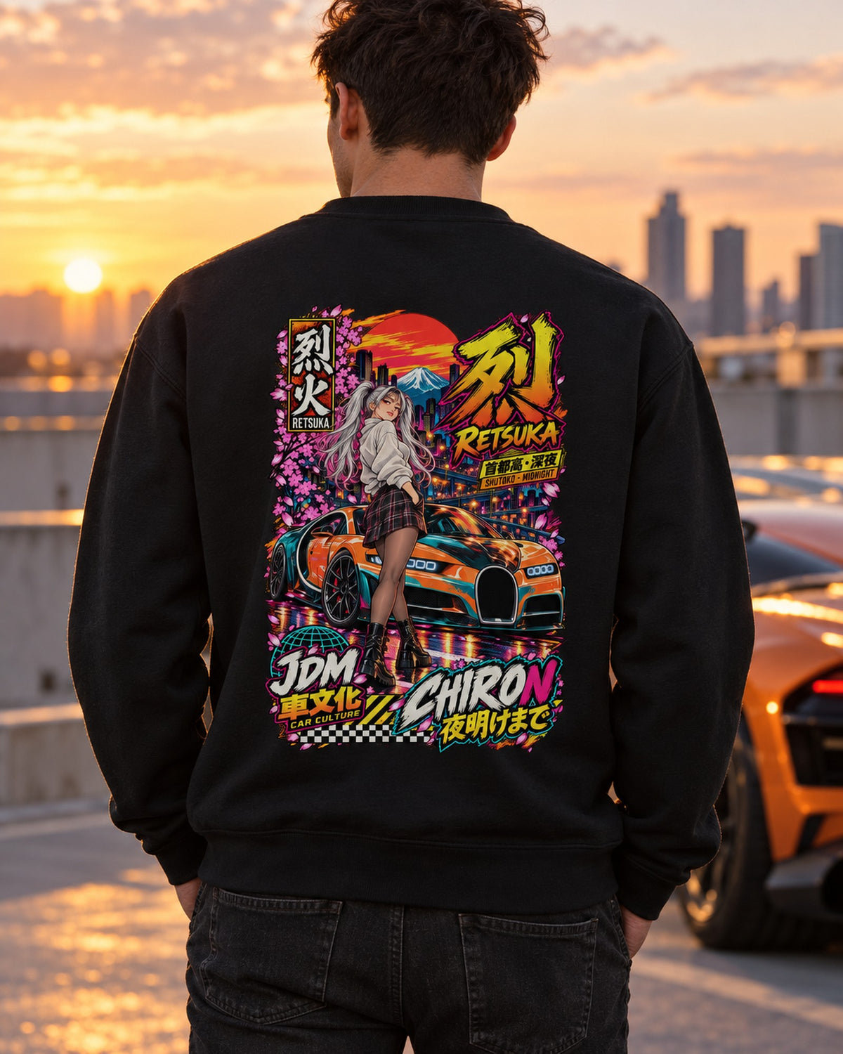 RETSUKA CHIRON Anime Girl Full-Back Graphic Tee Crewneck Black worn hero