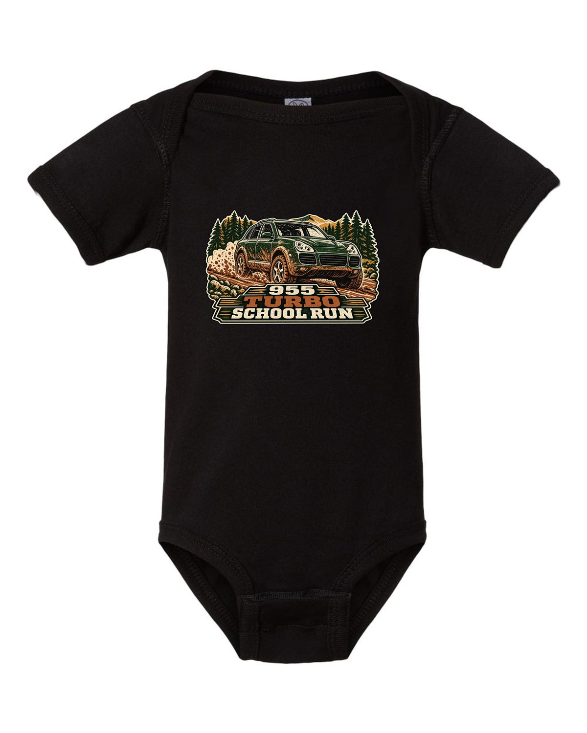 Multi-block linocut print of a muddy Porsche Cayenne Turbo 955 with the text 955, turbo, school run black baby onesie front view with the design