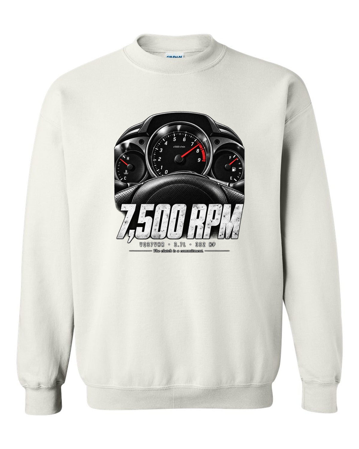 print of a Nissan 370Z Z34 gauge cluster at 7,500 RPM with VQ37VHR text white crewneck front view with the design