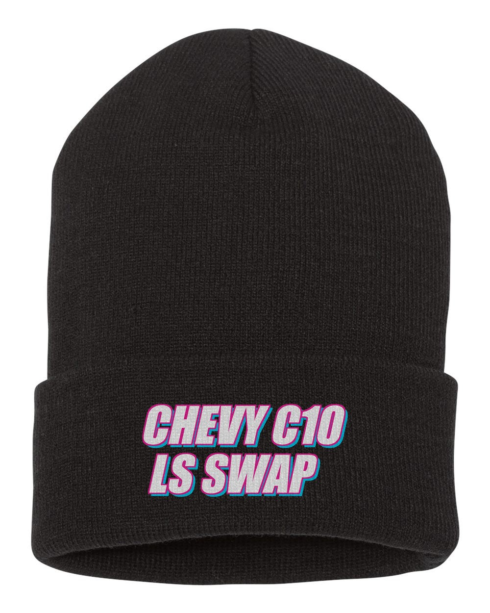Chevy C10 LS Swap black beanie front view with car name