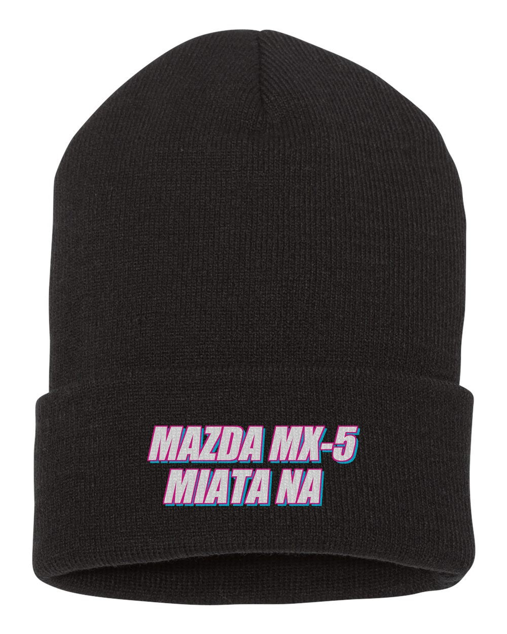 Mazda MX-5 Miata Na black beanie front view with car name