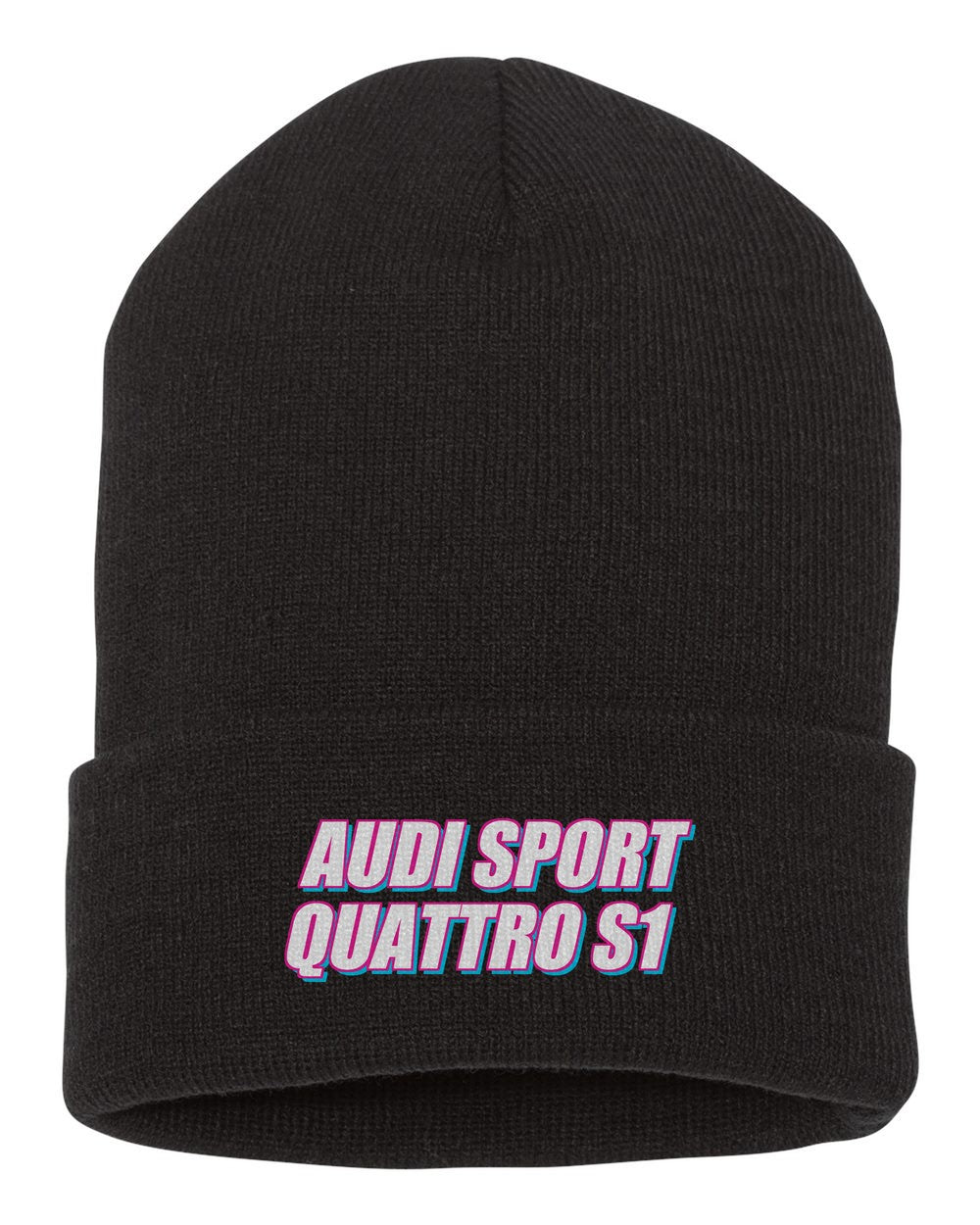 Audi Sport Quattro S1 black beanie front view with car name