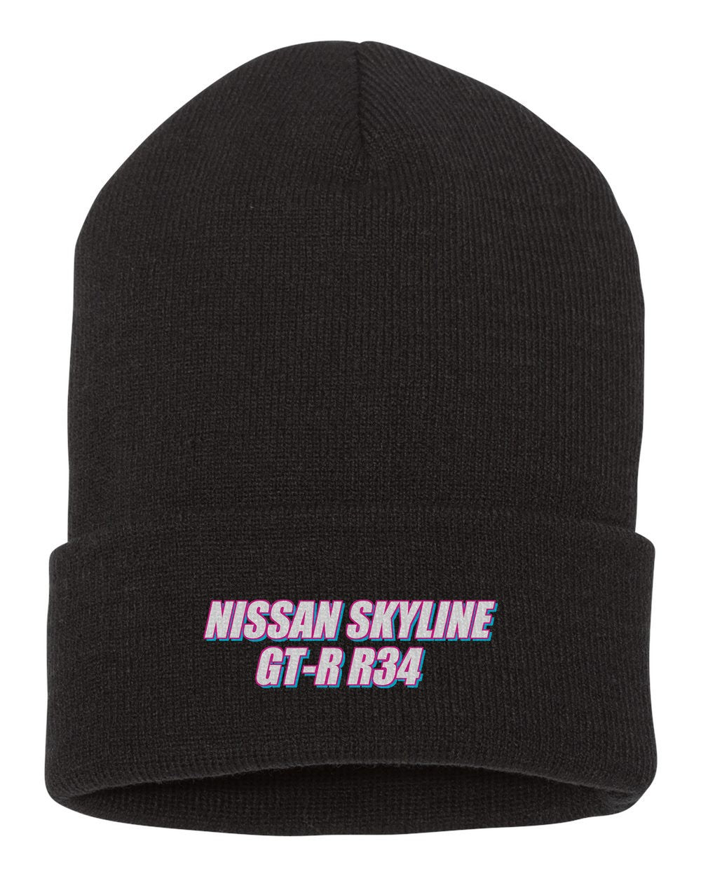Nissan Skyline GT-R R34 black beanie front view with car name