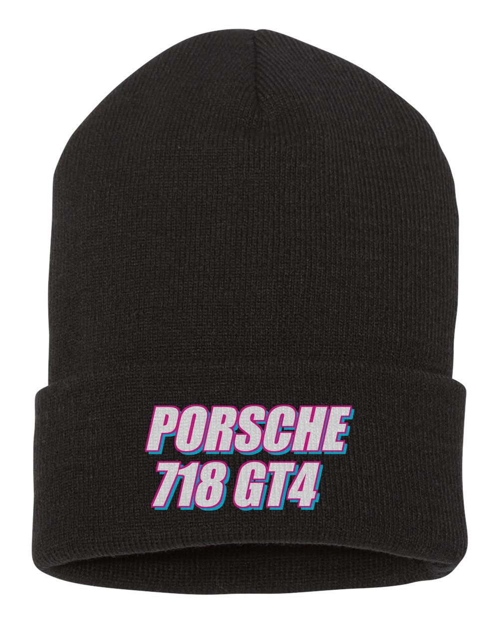 Porsche 718 Gt4 black beanie front view with car name