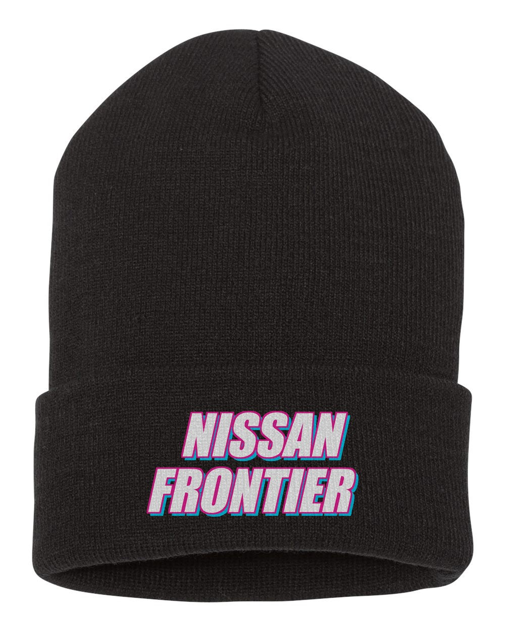 Nissan Frontier black beanie front view with car name