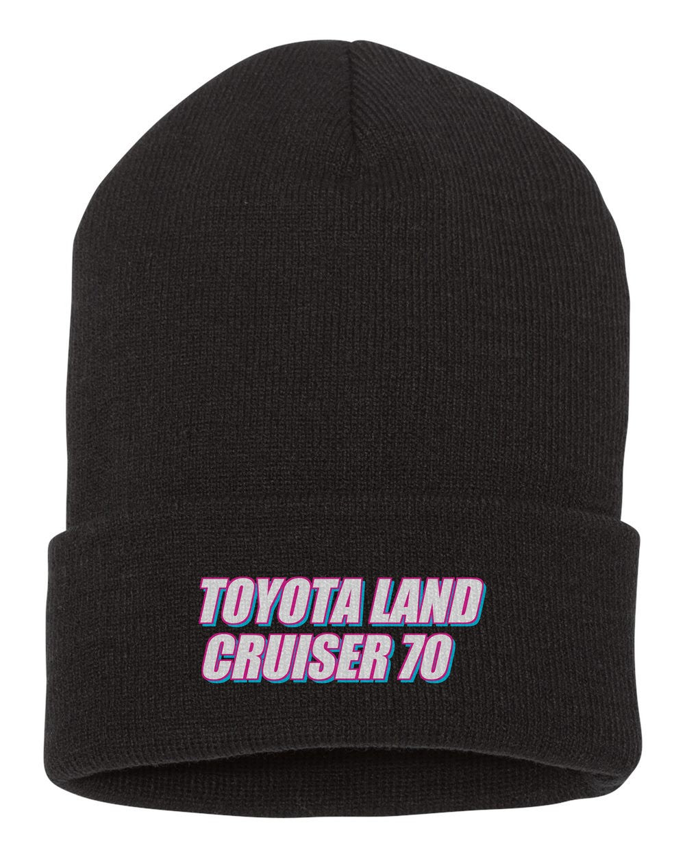 Toyota Land Cruiser 70 black beanie front view with car name