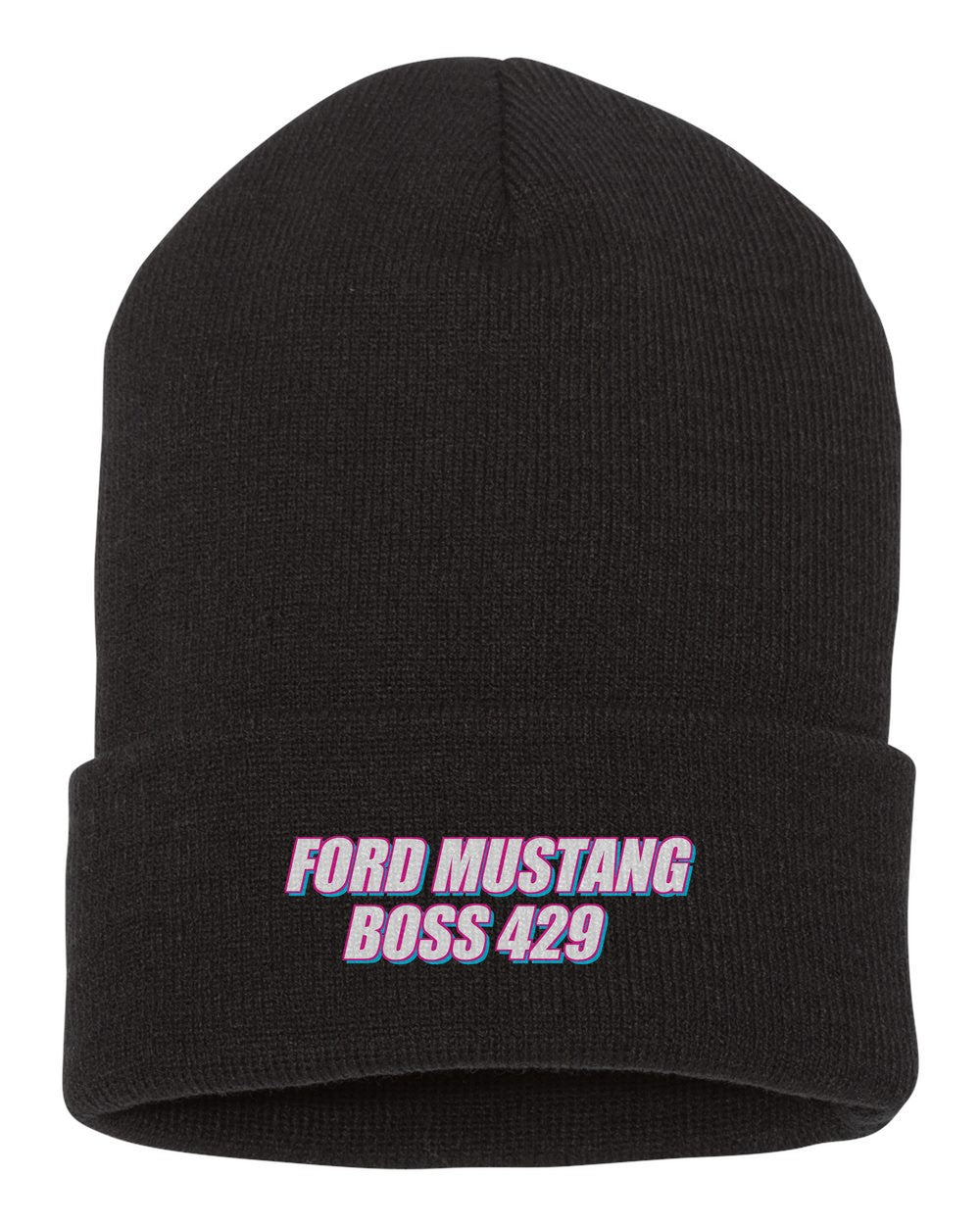 Ford Mustang Boss 429 black beanie front view with car name