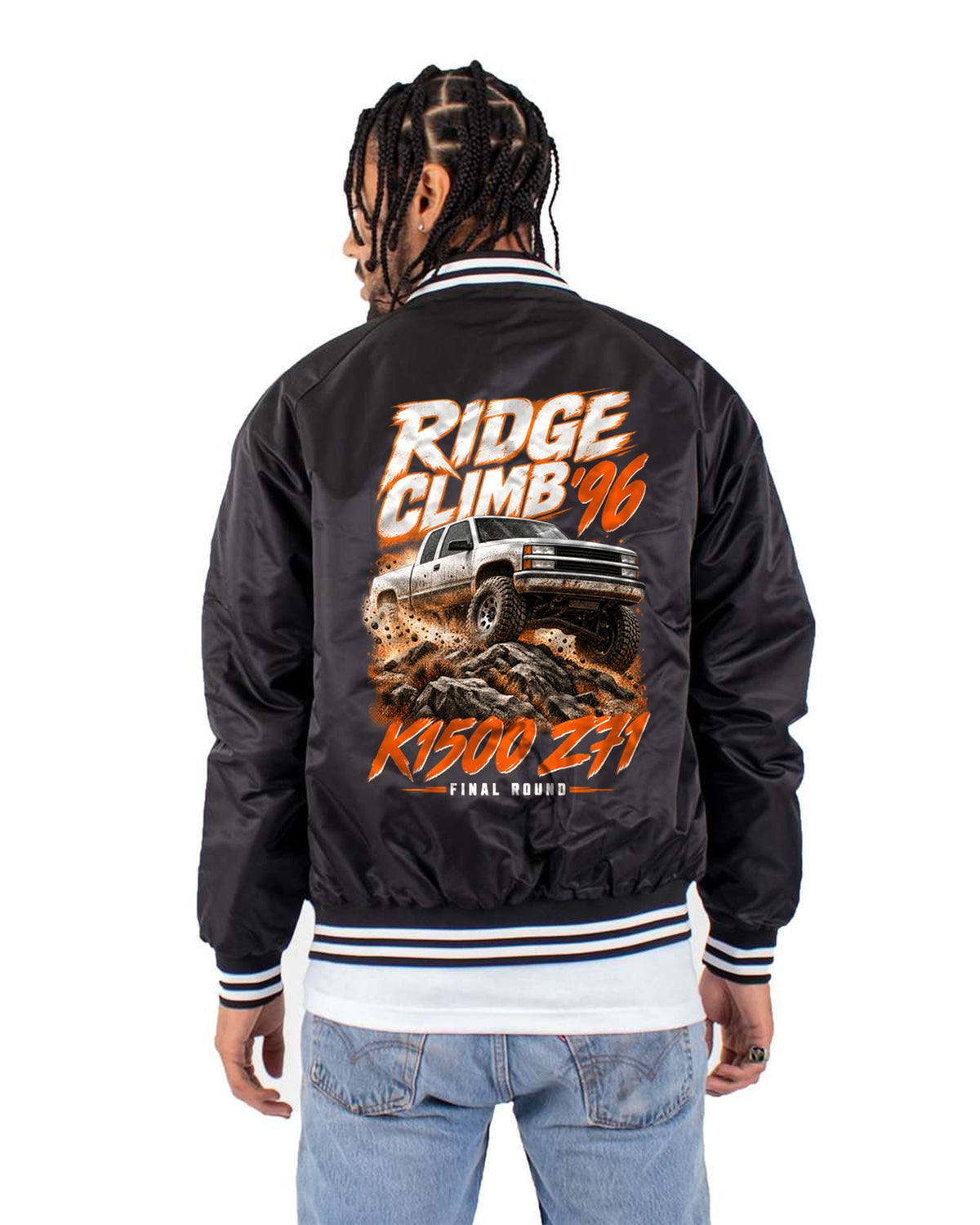 1996 Chevy K1500 Z71 OBS Ridge Climb Race Poster Tee Bomber Jacket Black back