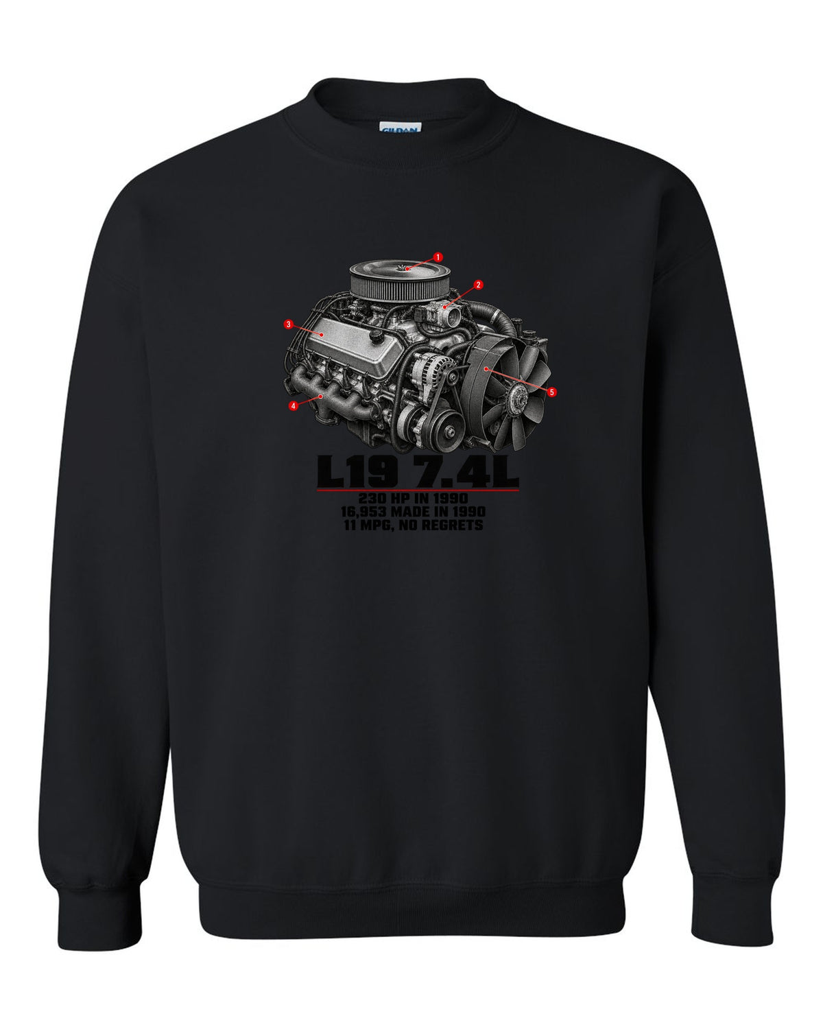 Engine print of a 1990-93 Chevrolet 454 SS pickup with L19 7.4L and 230 HP text black crewneck front view with the design