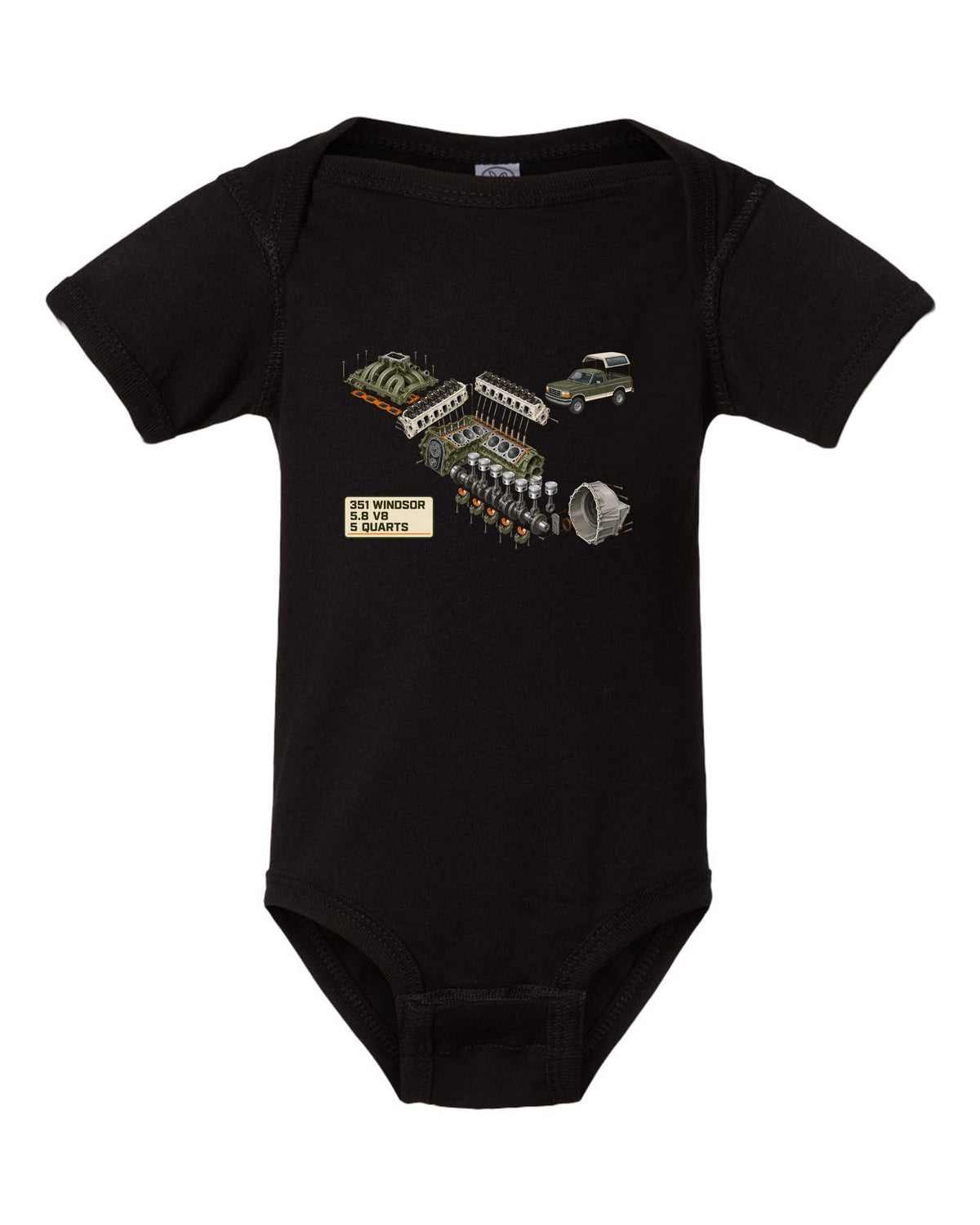 Exploded cutaway diagram of a 1992-96 Ford Bronco OBS engine bay with 351 WINDSOR 5.8 V8 notes black baby onesie front view with the design