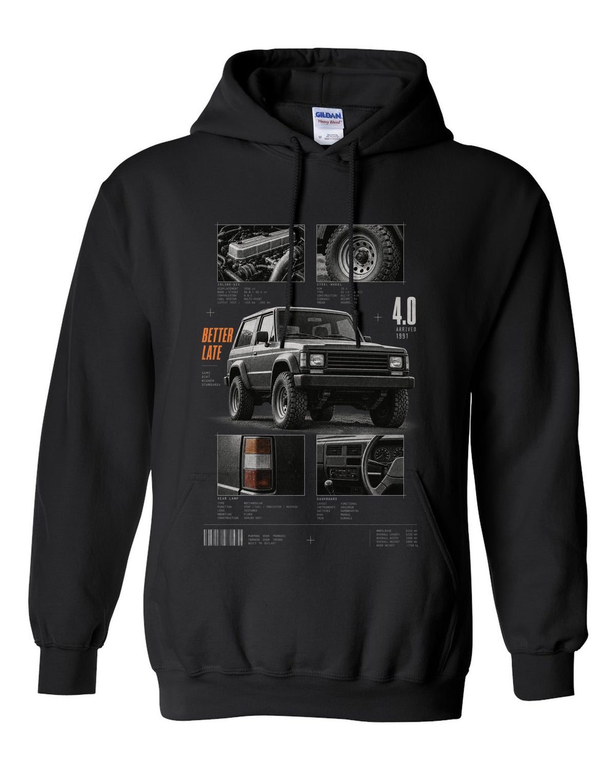 Dossier panel print for the Jeep Wrangler YJ 4.0, arrived 1991 black pull over hoodie front view with the design