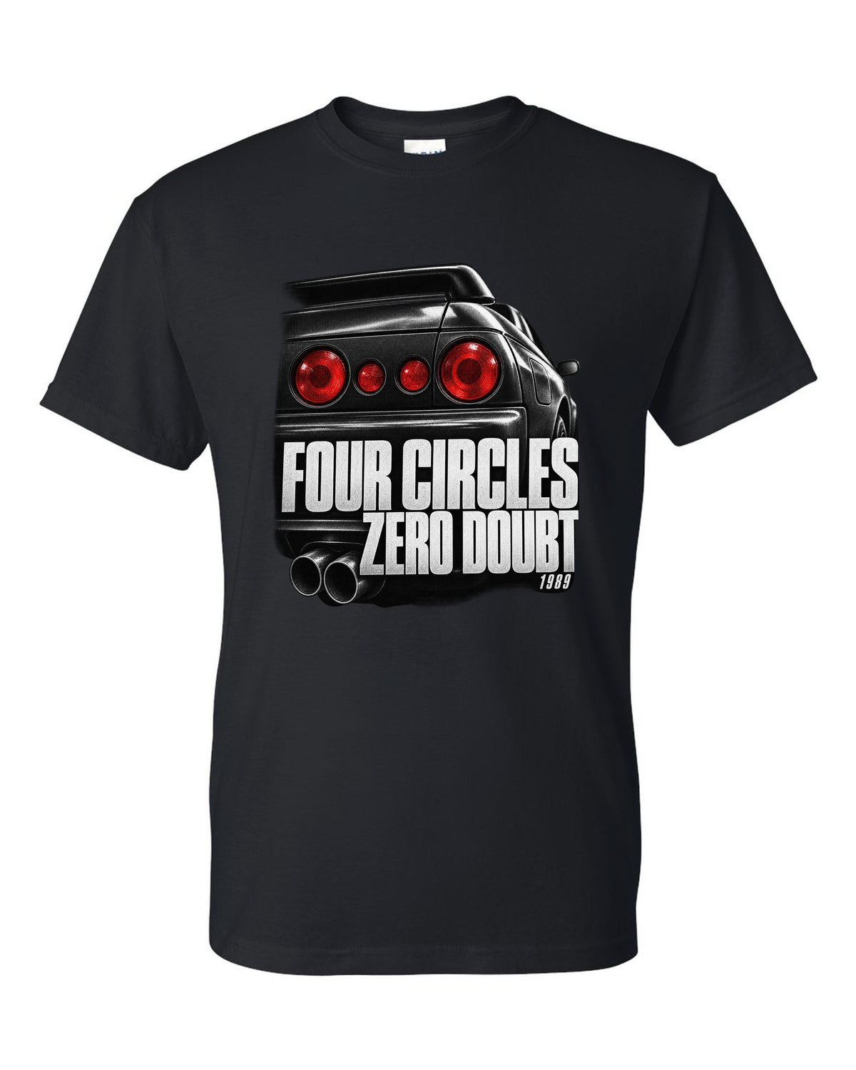 Close-up macro of the round taillights on a Nissan Skyline GT-R R32 with four circles lettering black t-shirt front view with the design