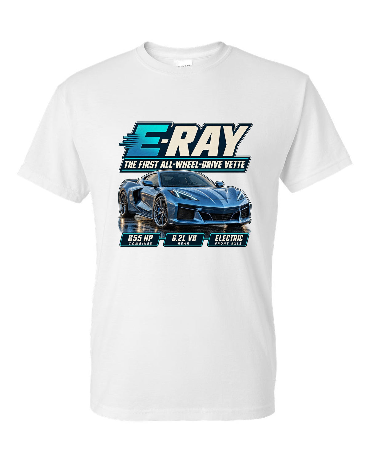 Editorial headline print of a Chevrolet Corvette C8 E-Ray, the first all-wheel-drive Vette white t-shirt front view with the design