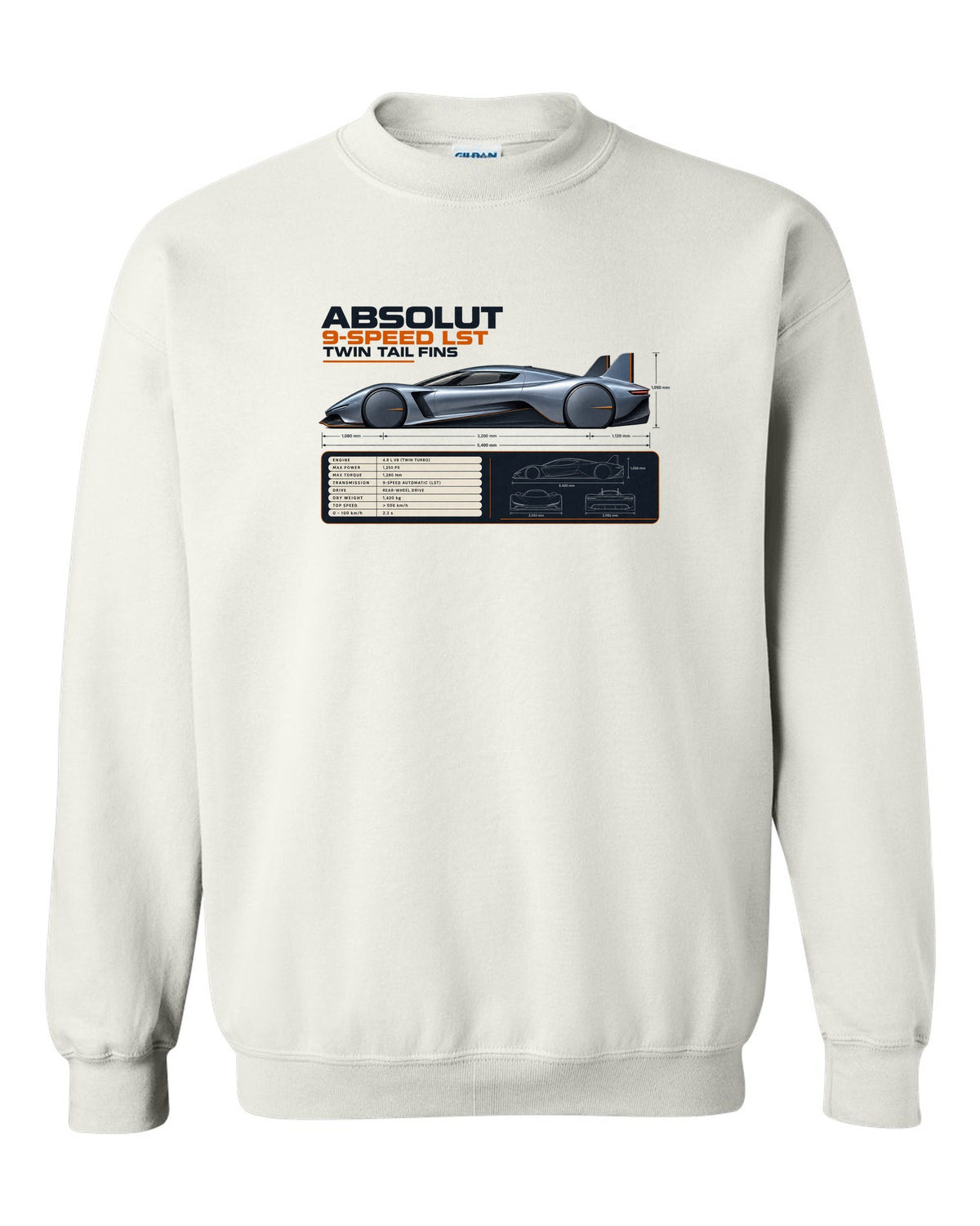Koenigsegg Jesko Absolut Side Profile Spec Poster white crewneck front view with the design