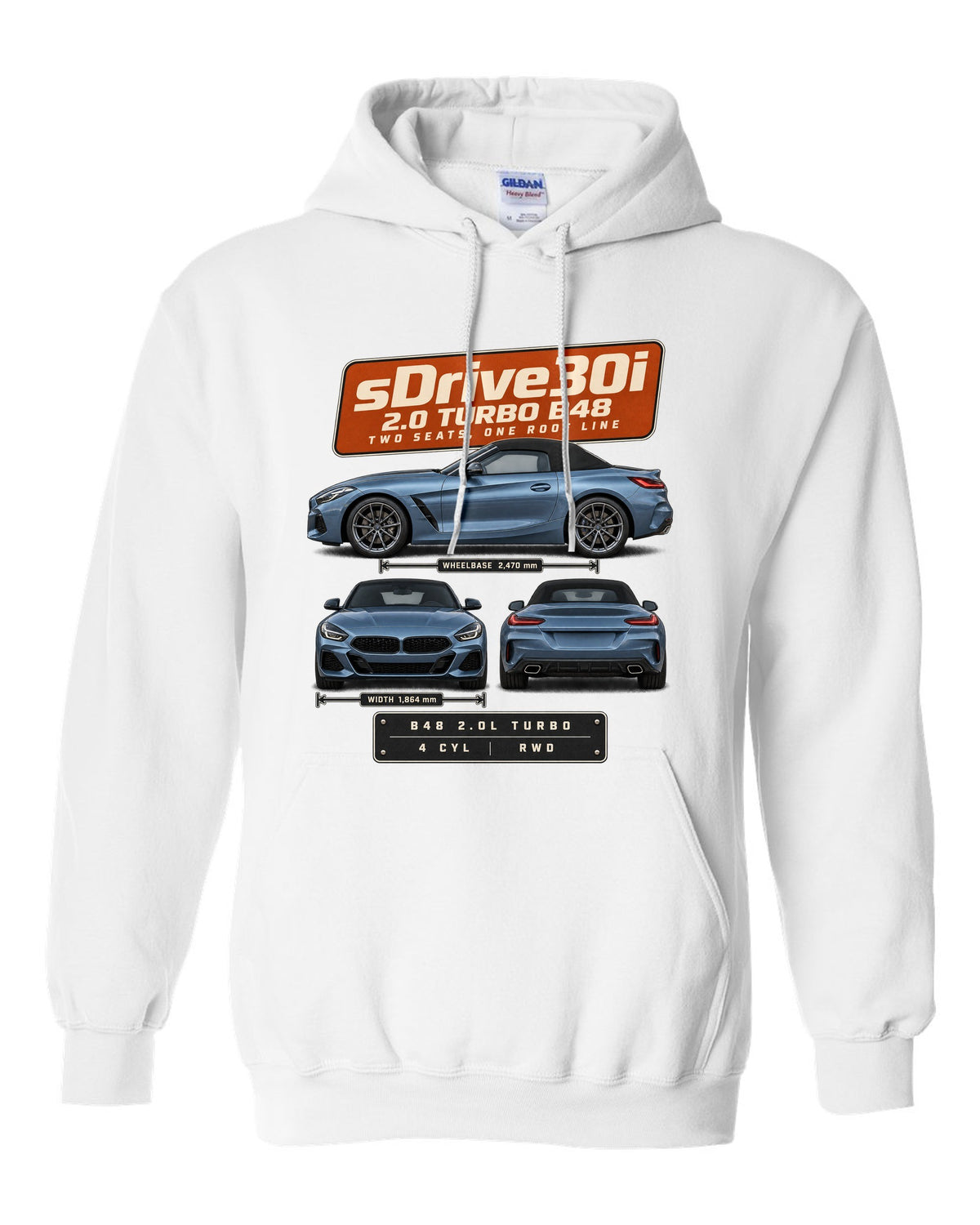 Three-view drawing and spec table print of the BMW Z4 sDrive30i G29 white pull over hoodie front view with the design