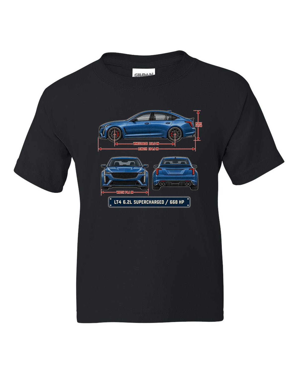 Dimension blueprint print of a Cadillac CT5-V Blackwing sedan black kids tee front view with the design
