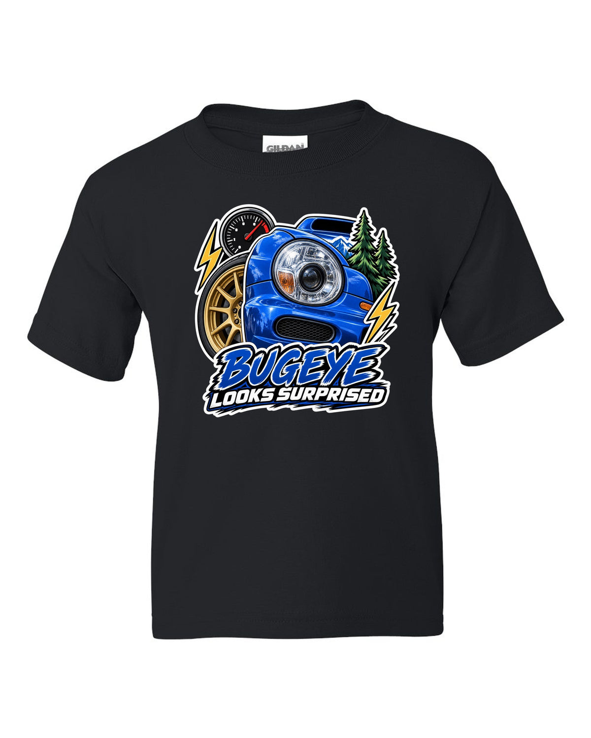 Sticker-bomb collage of a Subaru Impreza WRX GDB Bugeye black kids tee front view with the design