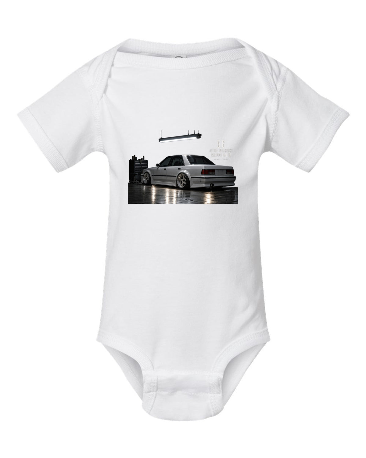 print of a Mercedes W124 300E 5.6 Hammer in a night garage with the text 5.6 After Midnight Nobody Knew white baby onesie front view with the design