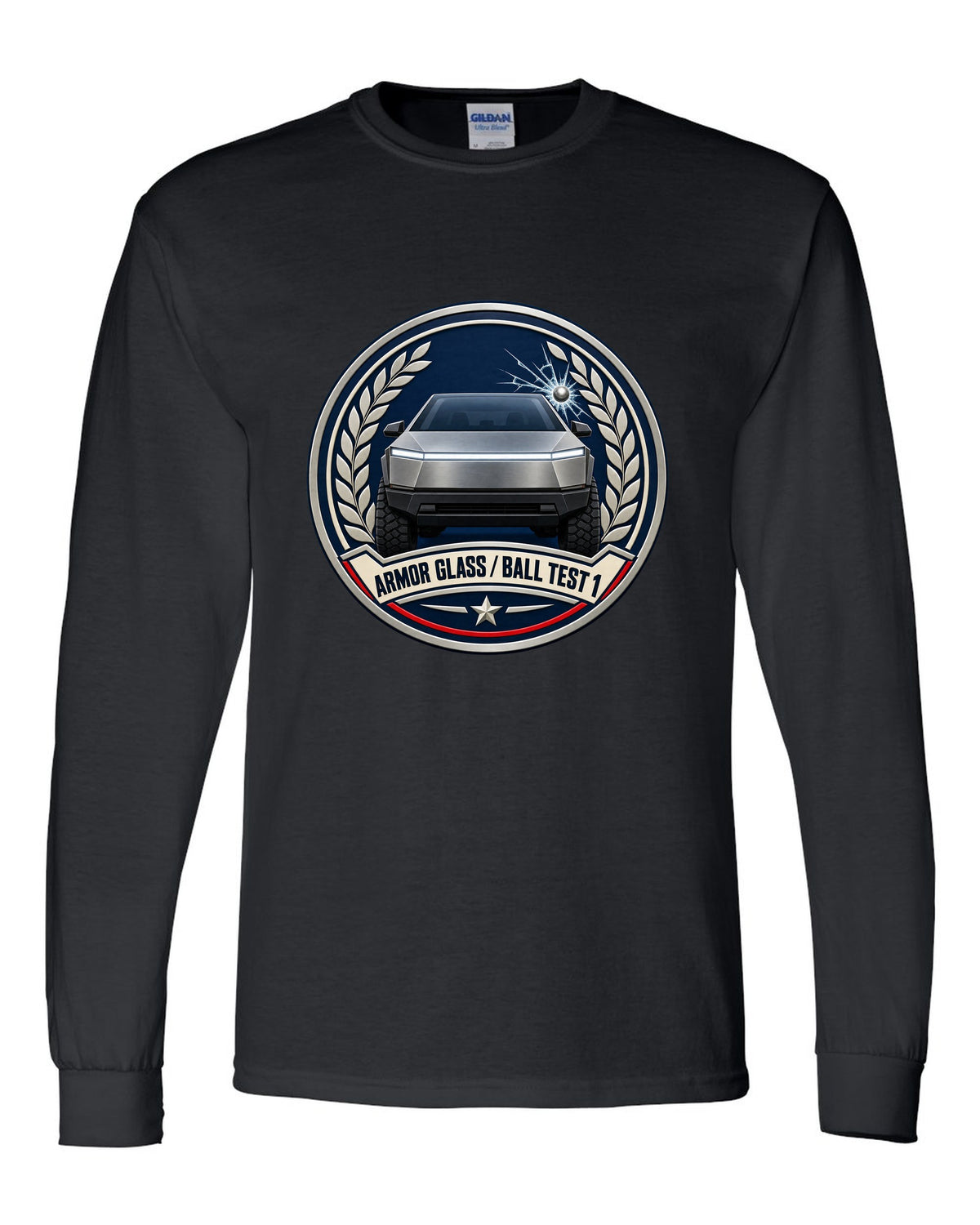 Round crest design of a 2023 Tesla Cybertruck with the words Armor Glass Ball Test 1 black long sleeve front view with the design