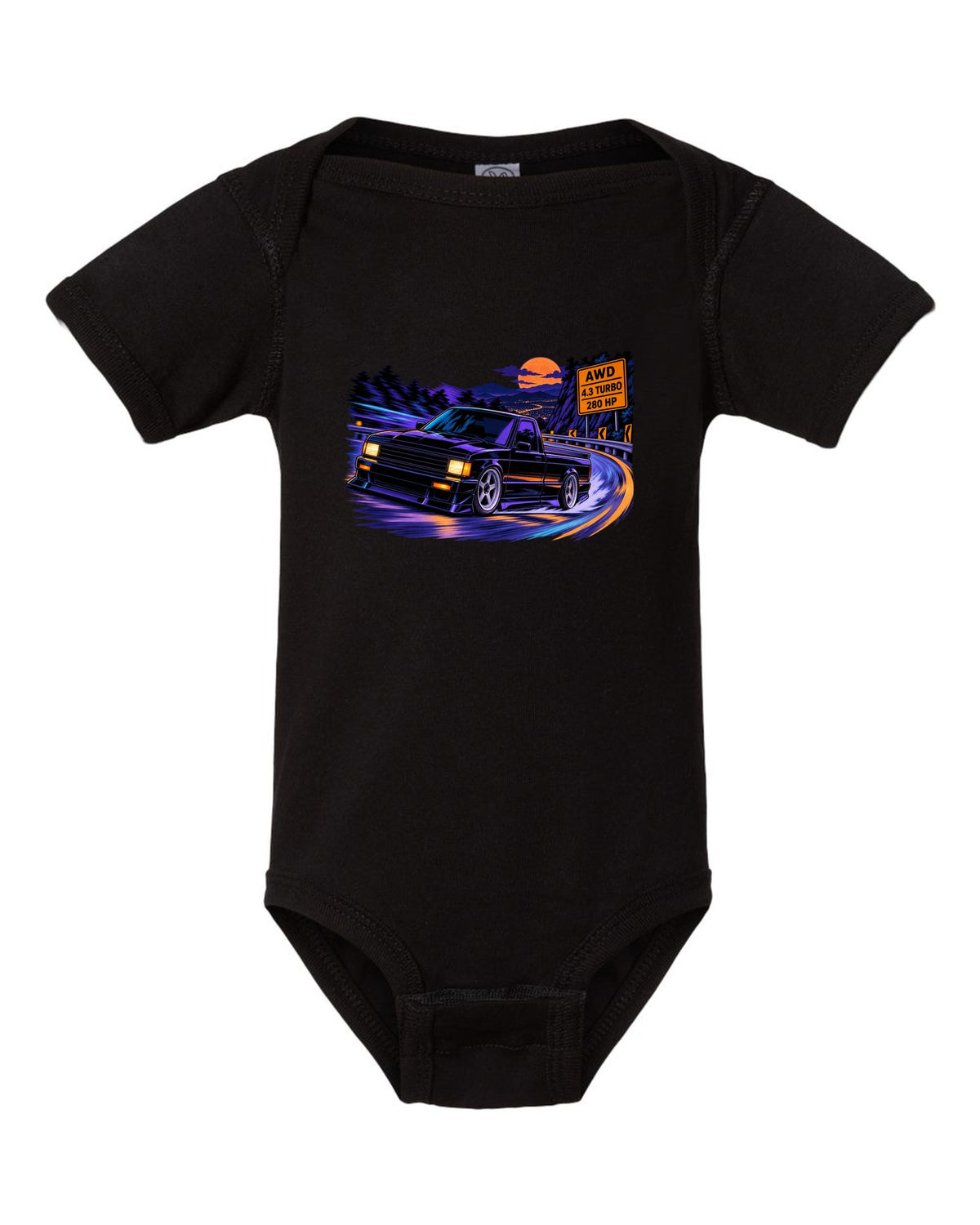 Cel-shaded anime night mountain road print of a 1991 GMC Syclone with AWD 4.3 turbo 280 HP lettering black baby onesie front view with the design