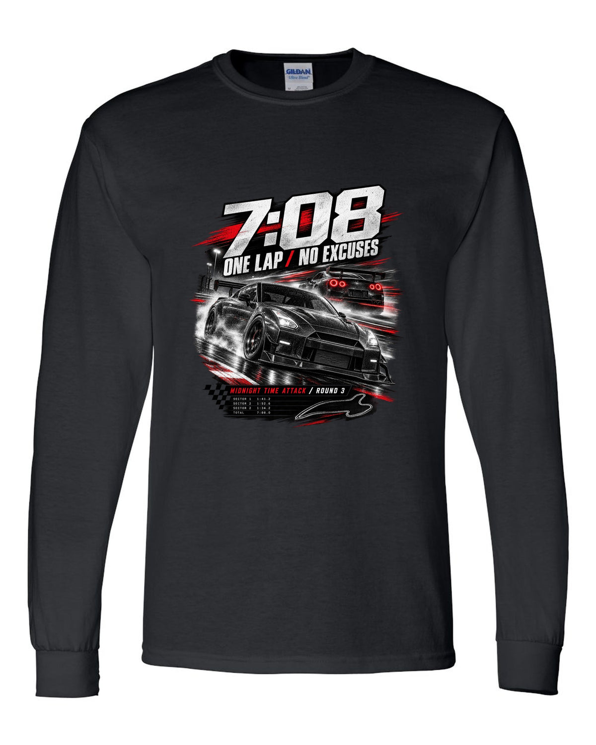 Race poster of a Nismo-style Nissan GT-R R35 with 7:08 one lap and Midnight Time Attack lettering black long sleeve front view with the design