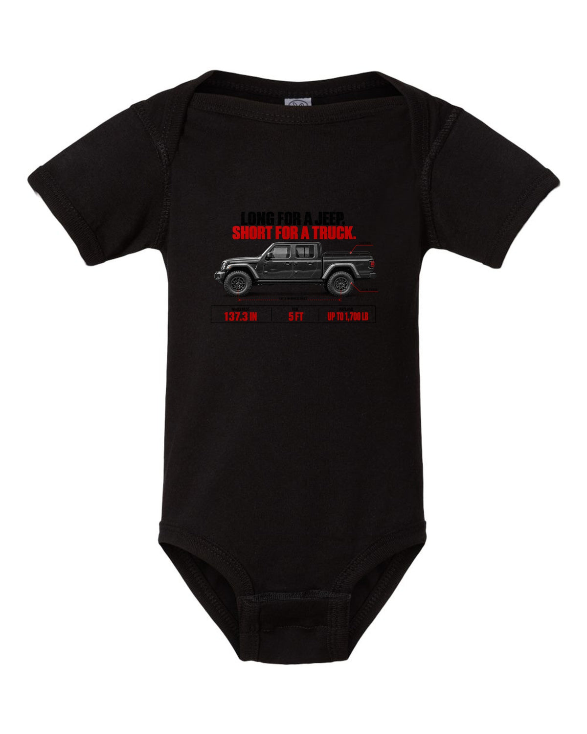 Jeep Gladiator JT spec poster print with wheelbase and payload figures black baby onesie front view with the design
