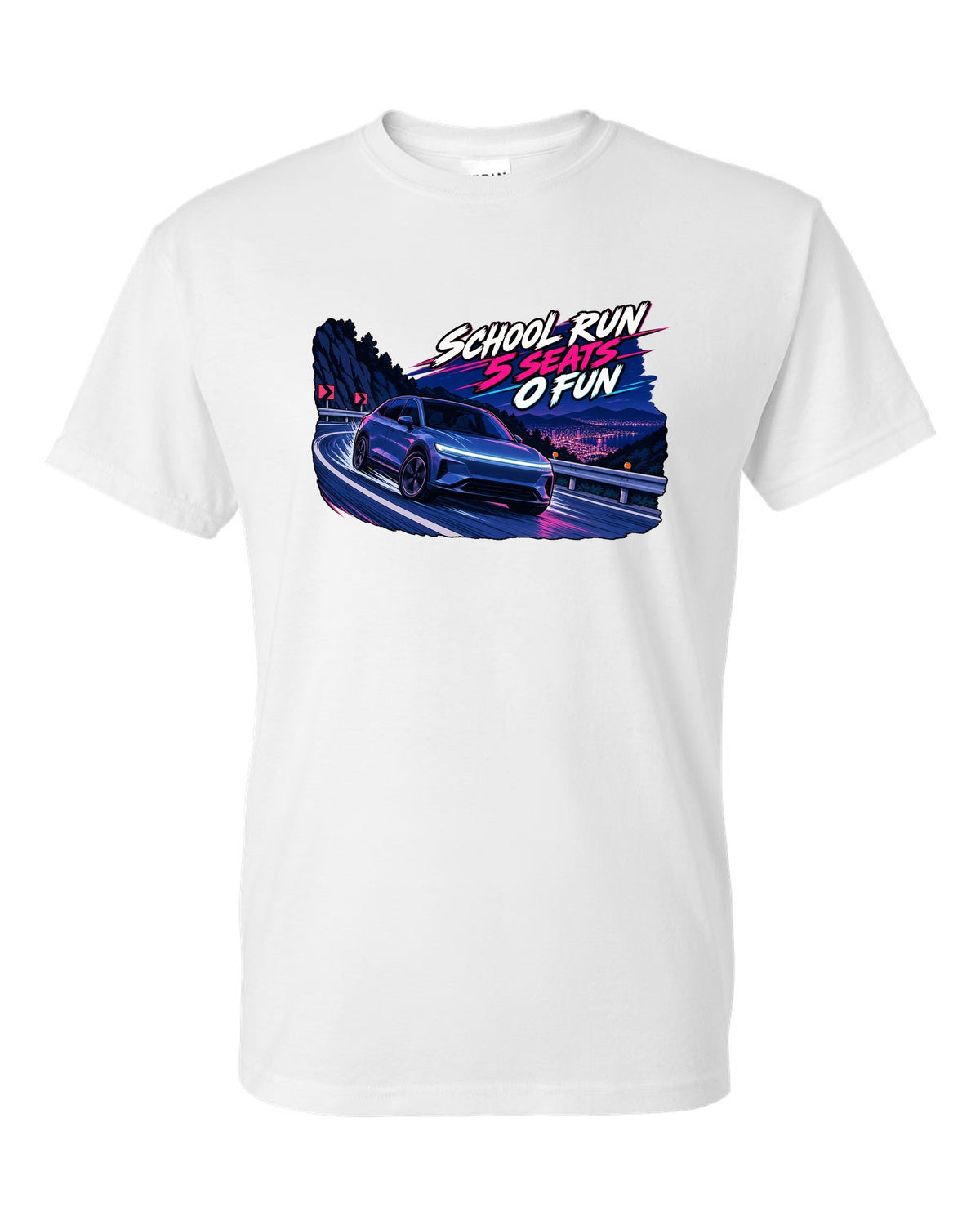 Cel-shaded 90s anime night touge print of a Tesla Model Y Juniper reading School Run 5 Seats 0 Fun white t-shirt front view with the design