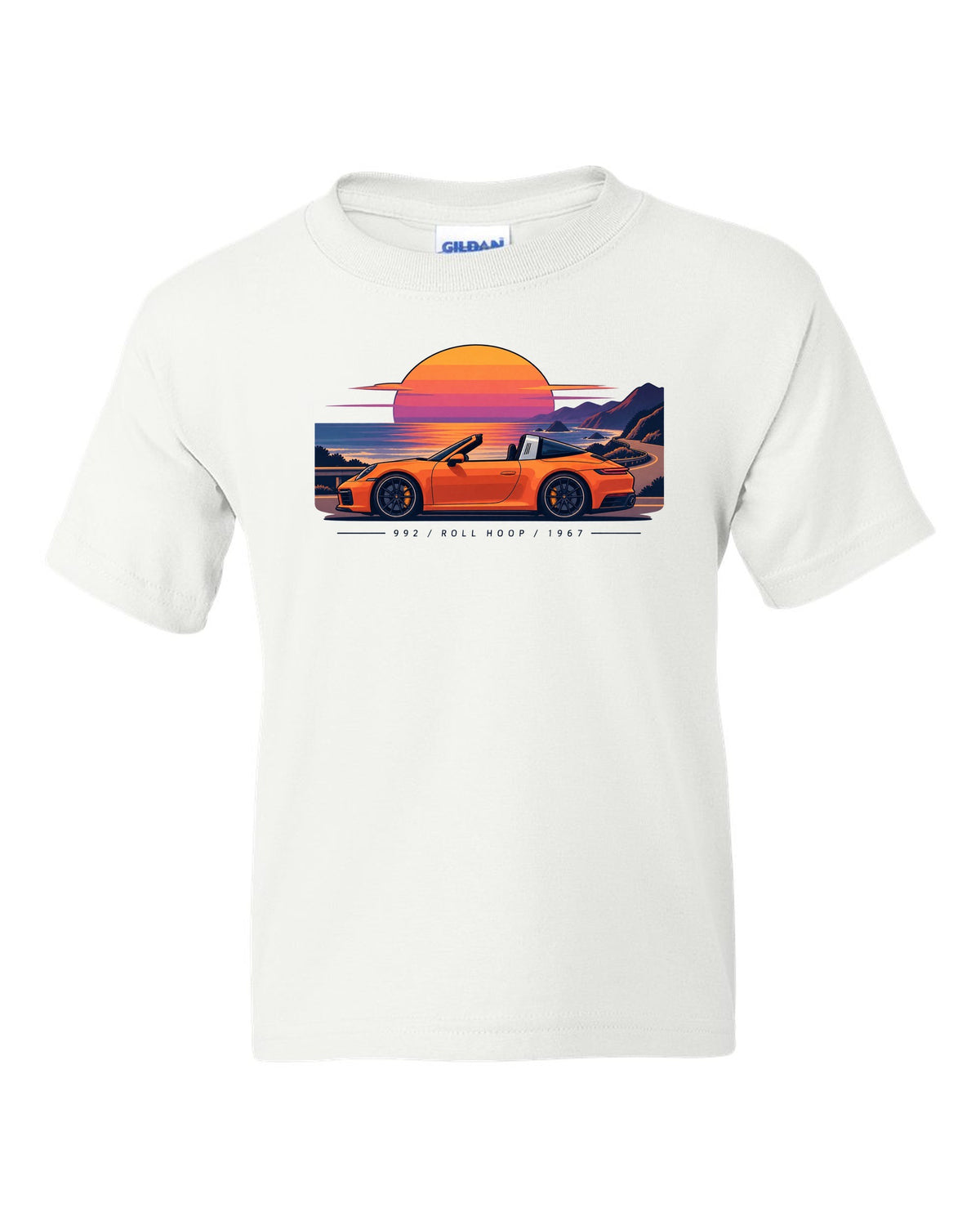 Porsche 997 GT3 RS exploded view diagram design in orange with Mezger lettering white kids tee front view with the design