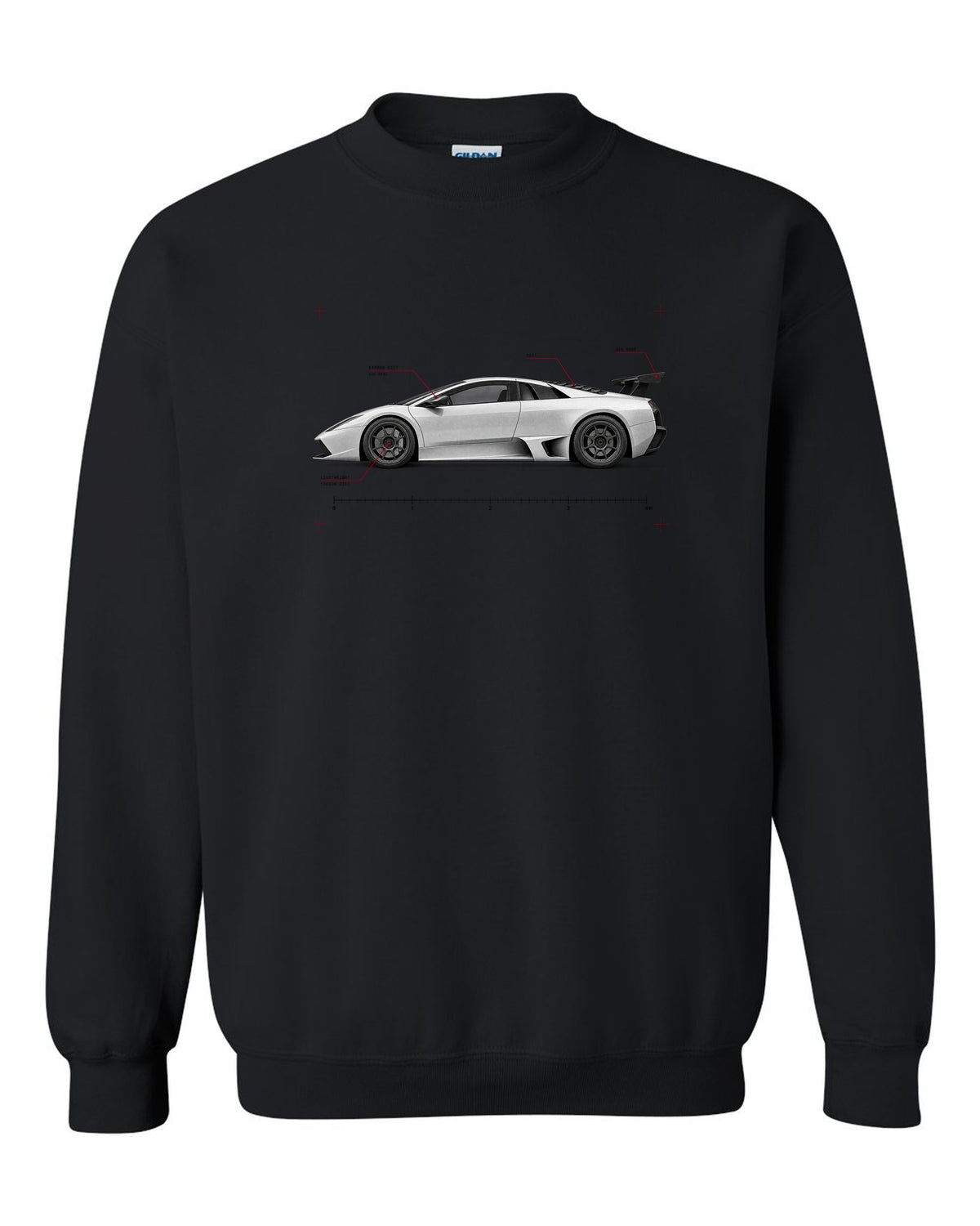 Spec poster print of a Lamborghini Gallardo Superleggera with 618 made and Carbon Diet text black crewneck front view with the design