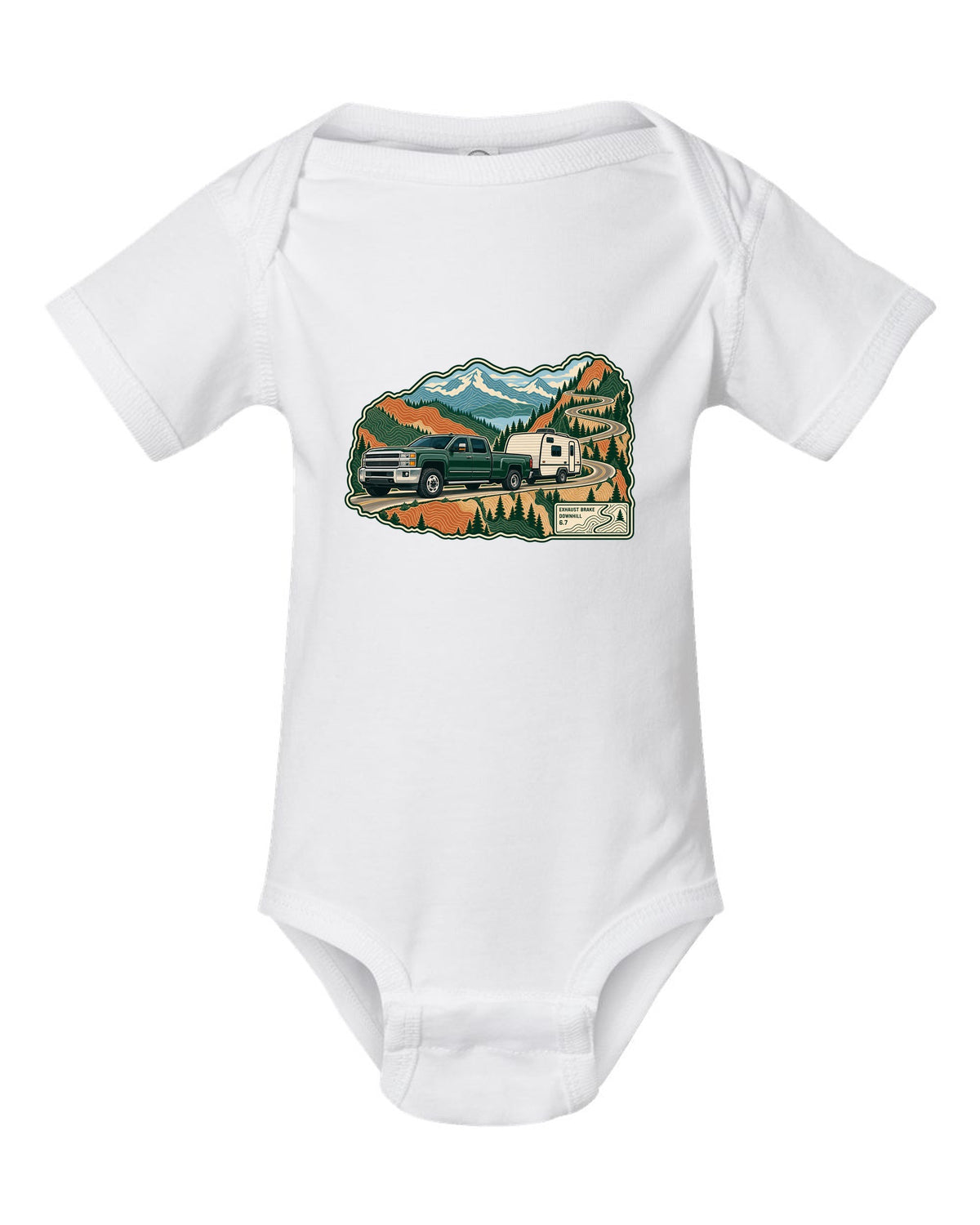 Topographic mountain pass print with a 2010-2018 Ram 2500 6.7 Cummins towing a camper white baby onesie front view with the design