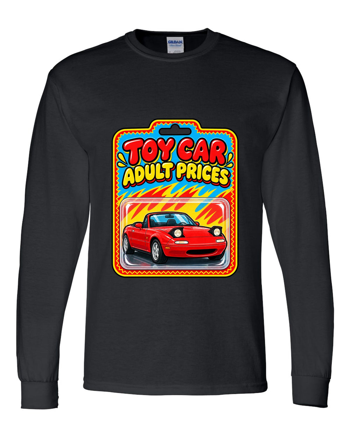 Toy car blister card style illustration of a Mazda MX-5 NA with adult prices text black long sleeve front view with the design