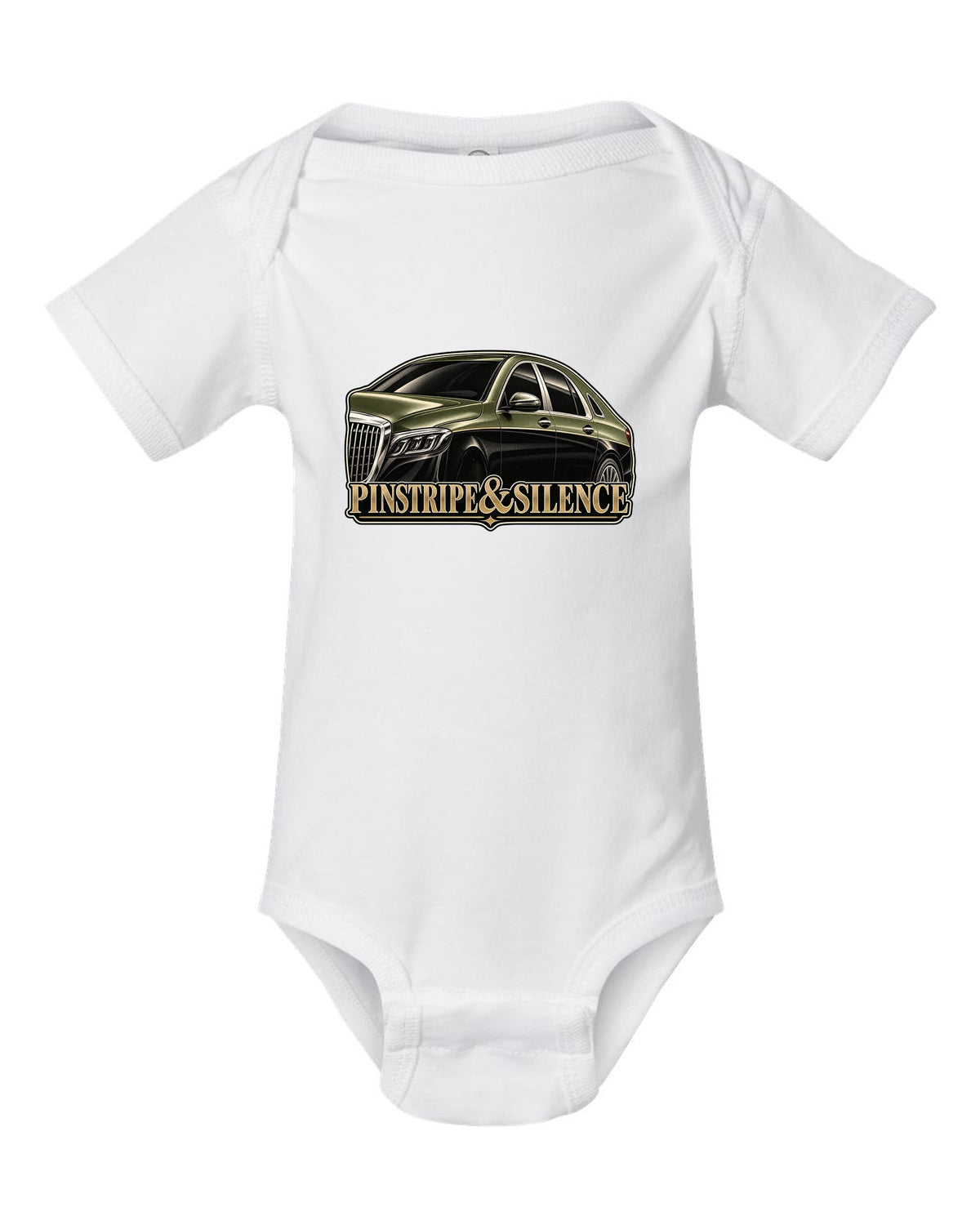 Duotone screenprint of a two-tone Mercedes-Maybach S-Class W222 with Pinstripe and Silence text white baby onesie front view with the design