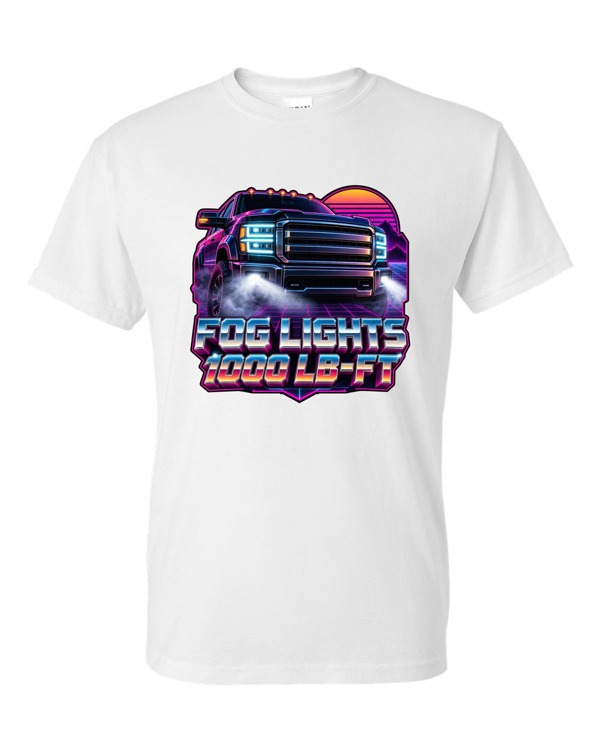 Neon synthwave grid print of a 2019-2024 Ram HD 2500 with the 6.7 HO and 1000 lb-ft text white t-shirt front view with the design