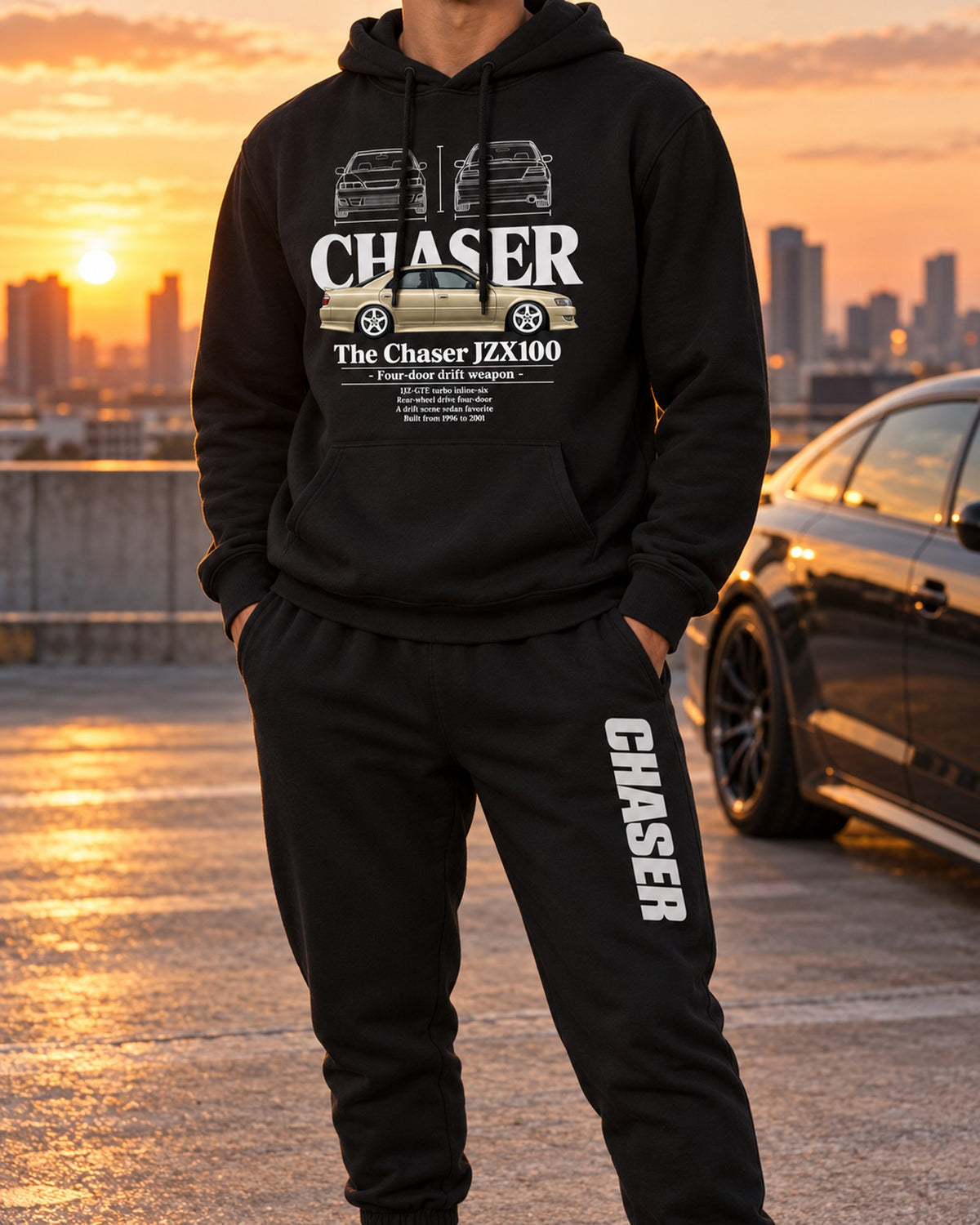 Chaser JZX100 Hoodie + Jogger Set Black worn hero