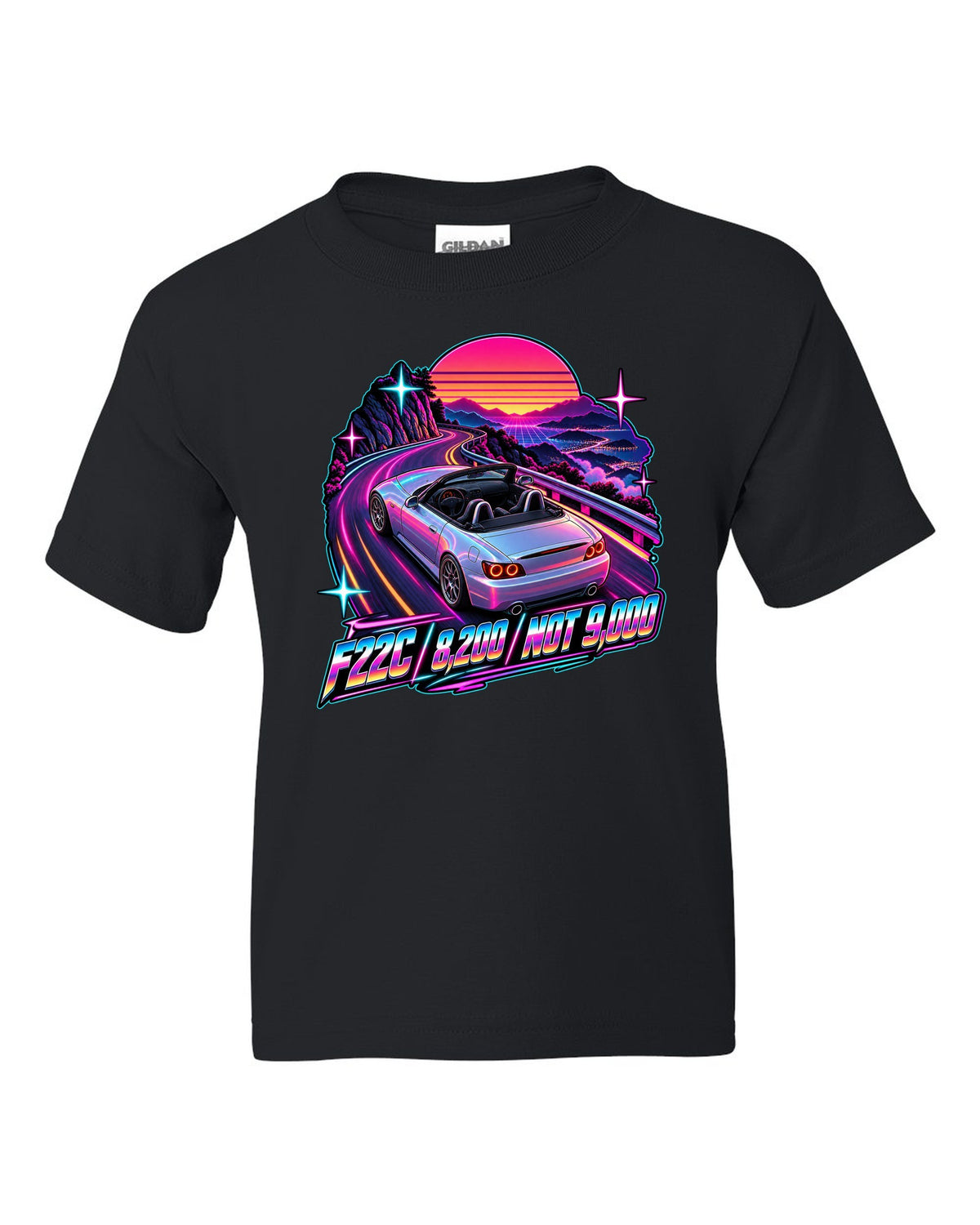 Neon synthwave print of a 2004 Honda S2000 AP2 roadster with F22C 8,200 Not 9,000 lettering black kids tee front view with the design